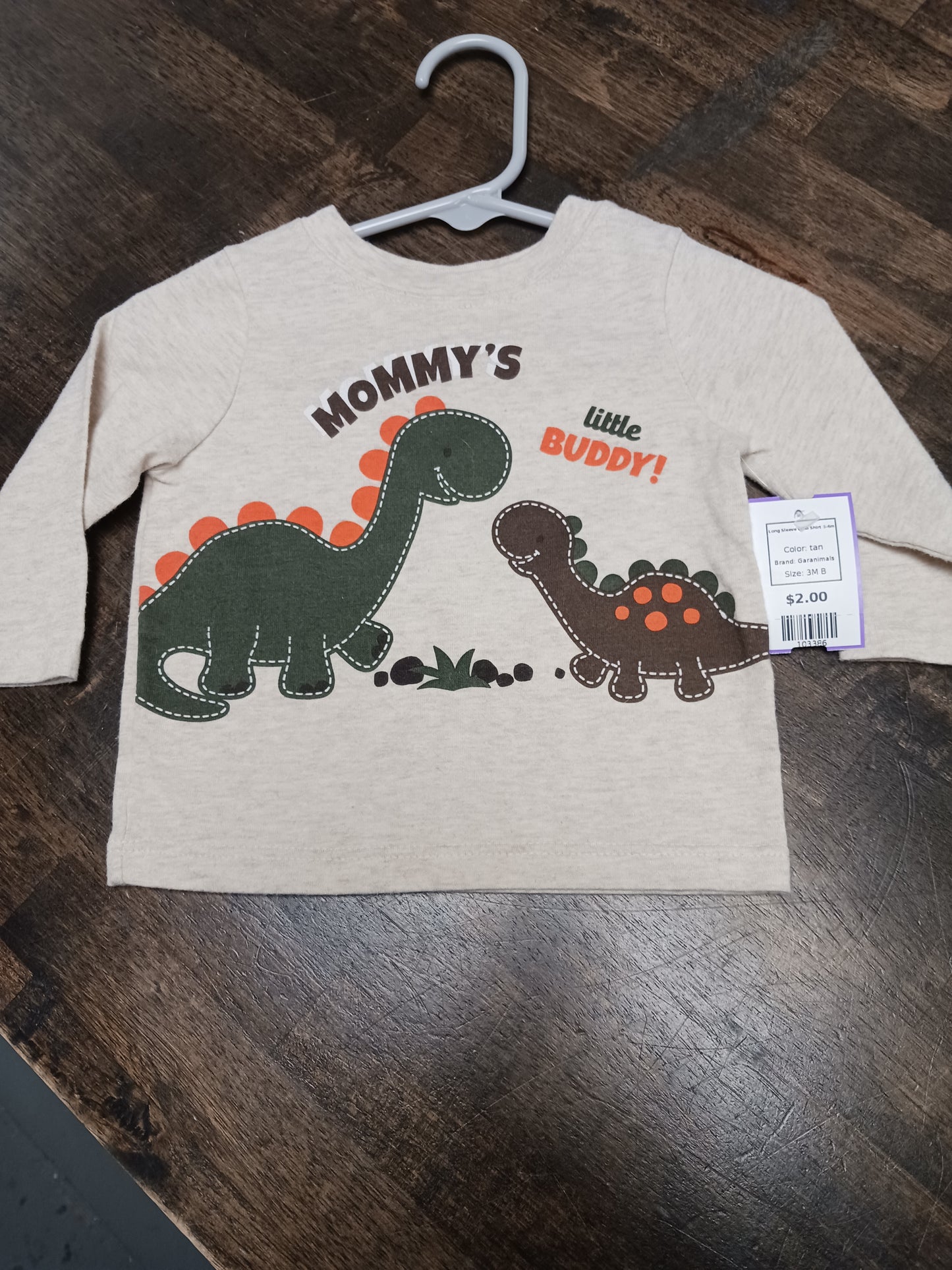 tan Garanimals Long Sleeve Dino Shirt 3-6m, 3M B