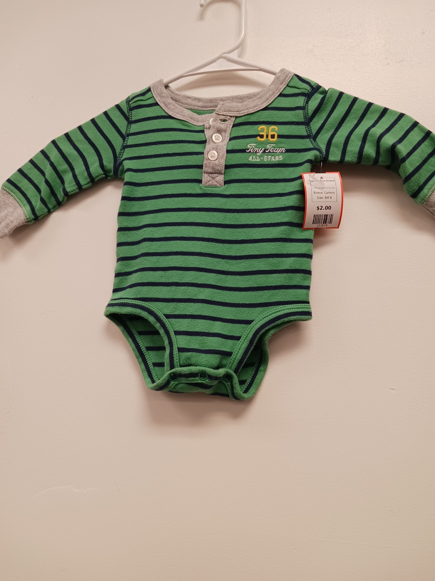 Green/Navy Striped Carters Longsleeve Onesie, 6M B