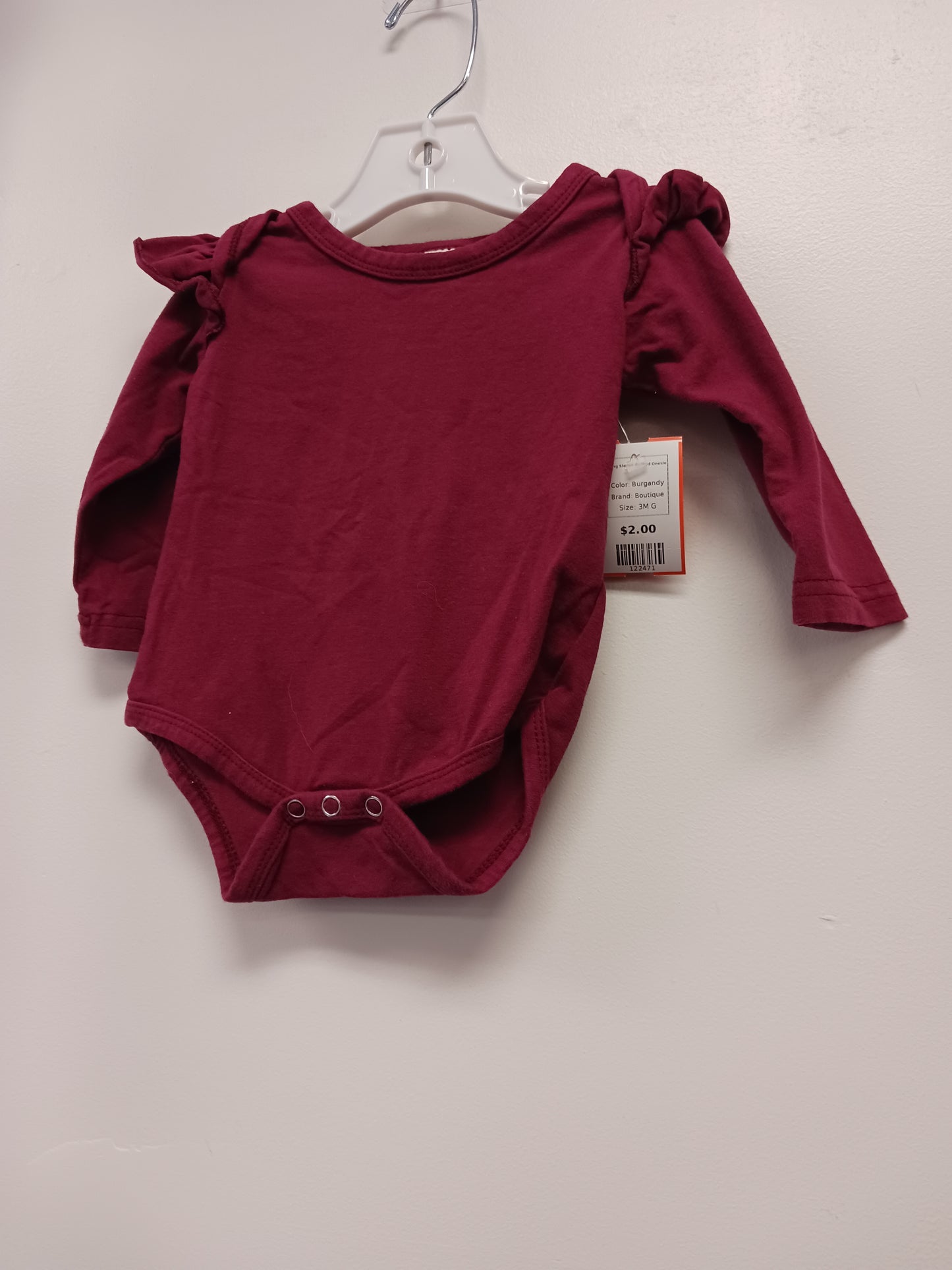 Burgandy Boutique Long Sleeve Ruffled Onesie, 3M G