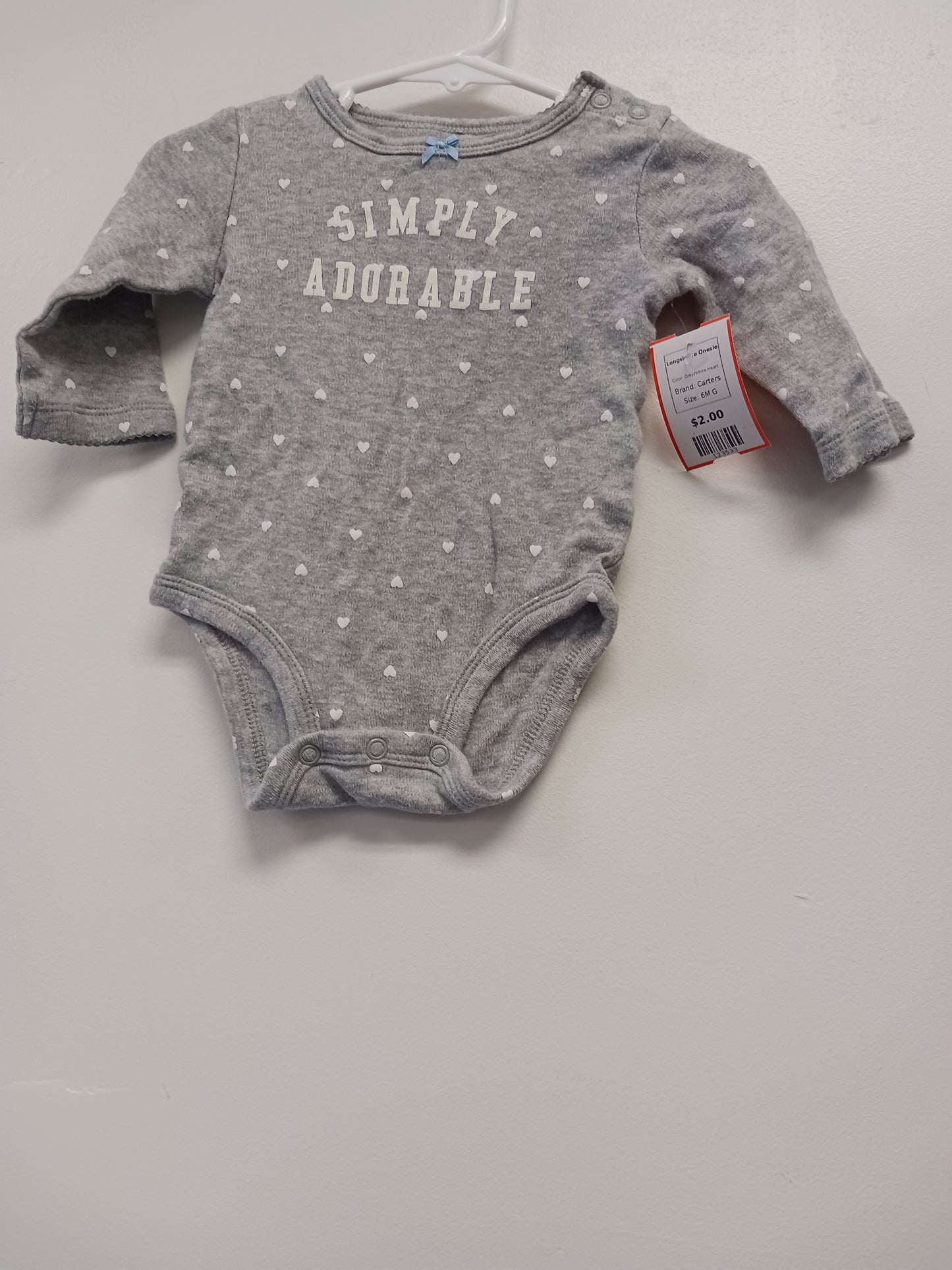 Grey/White Heart Carters Longsleeve Onesie, 6M G