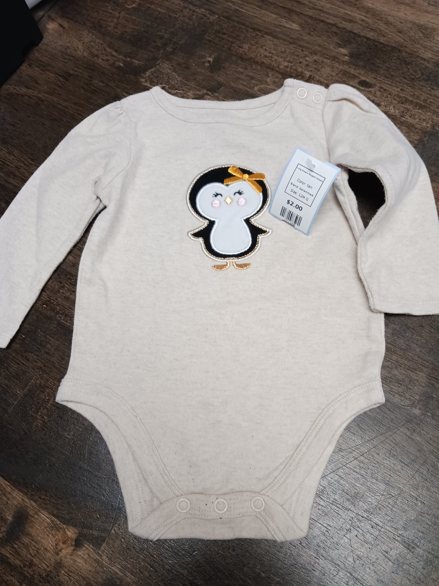 tan Garanimals Long Sleeve Penguin Onesie, 12M G