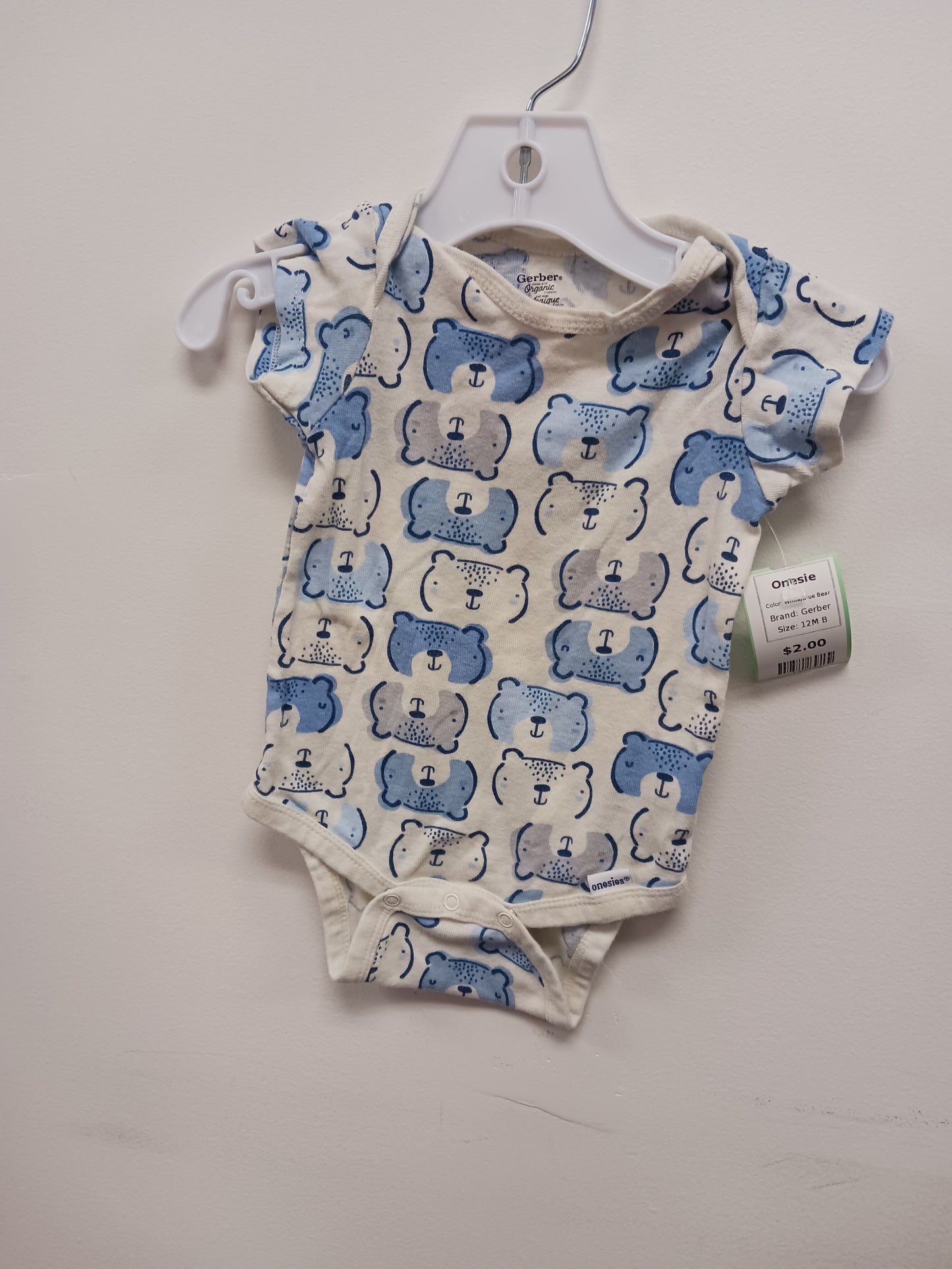 White/Blue Bear Gerber Onesie, 12M B
