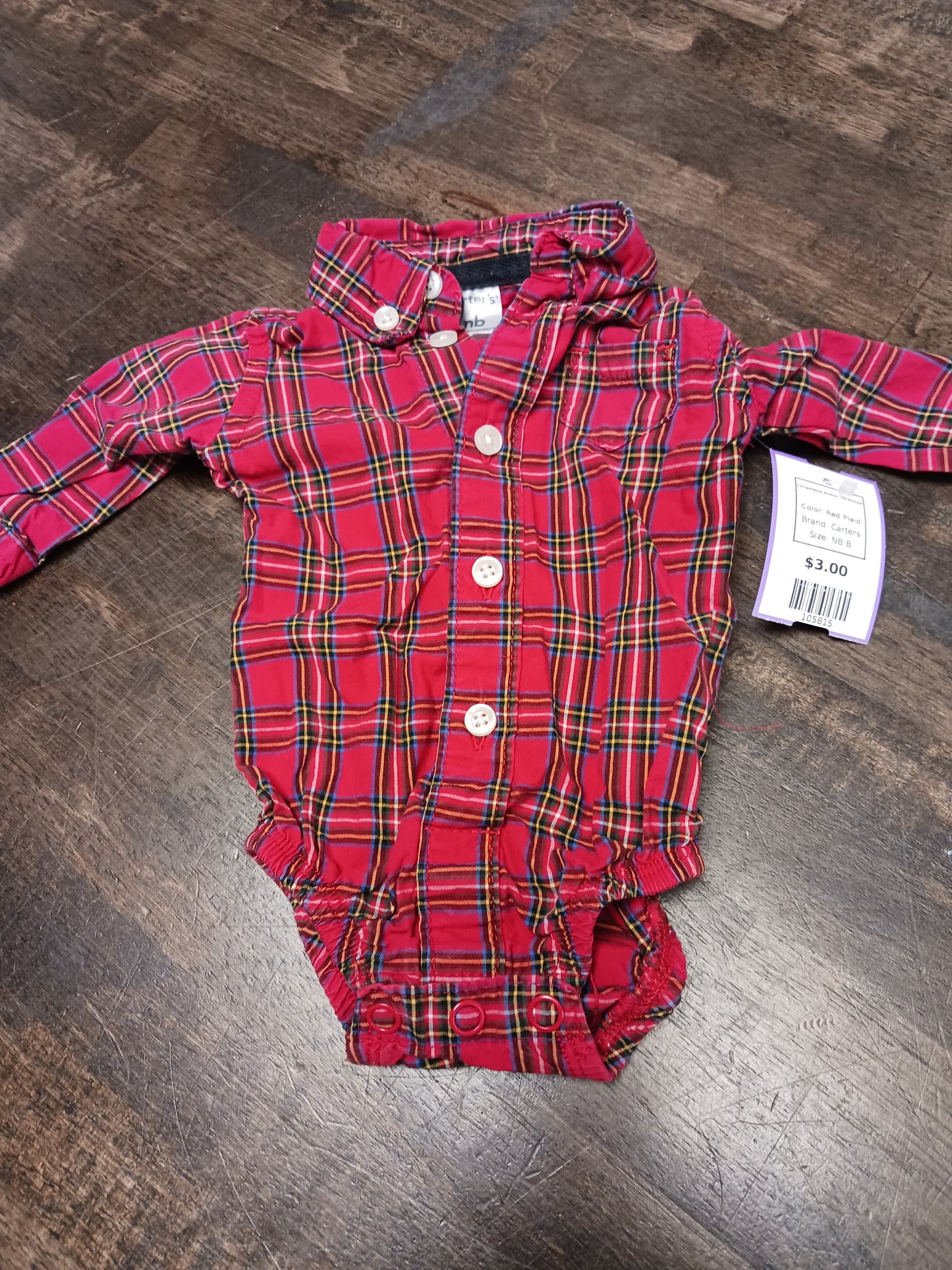Red Plaid Carters Longsleeve Button Up Onesie, NB B