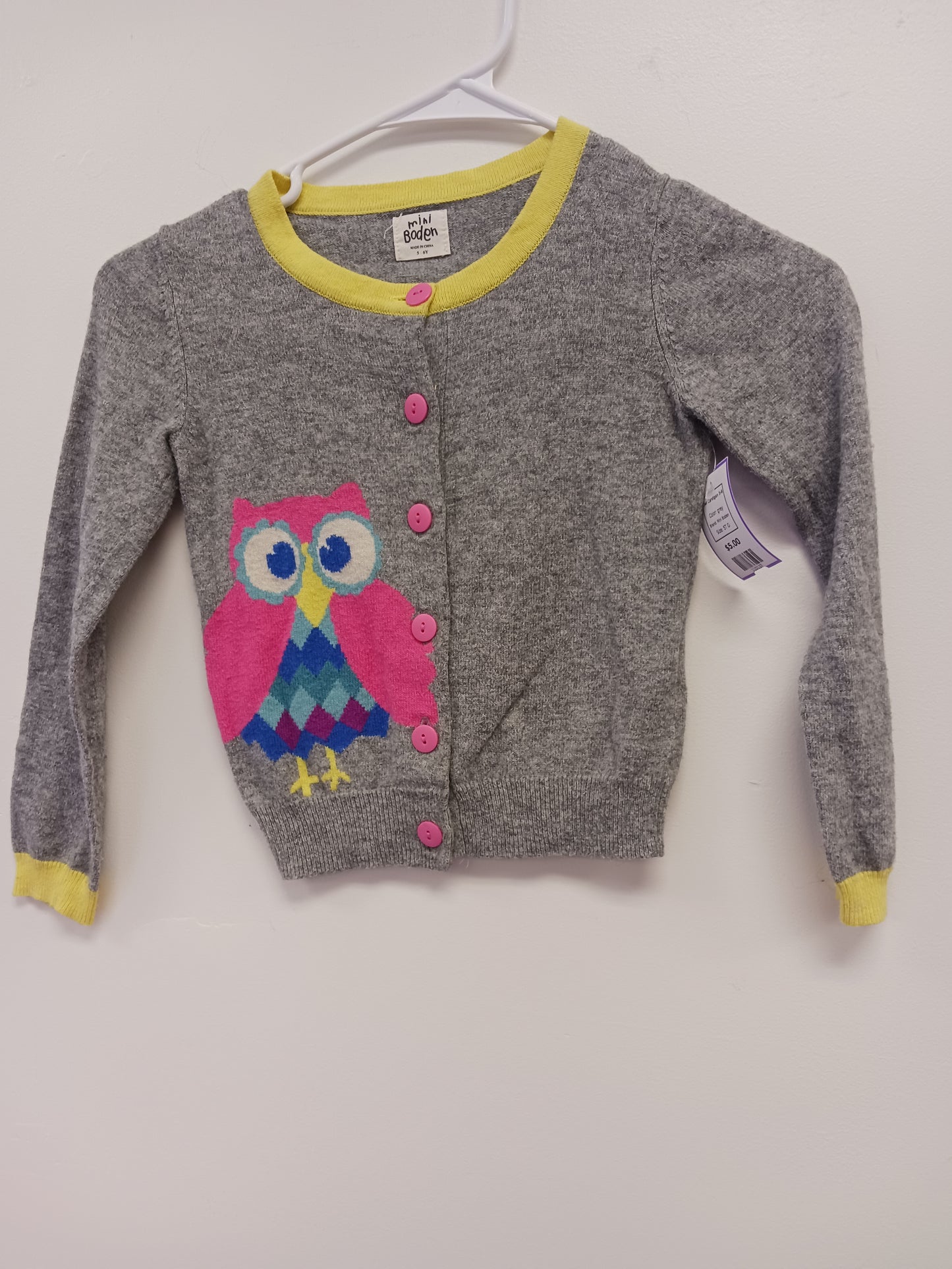 grey Mini Boden Owl Cardigan 5-6, 5T G
