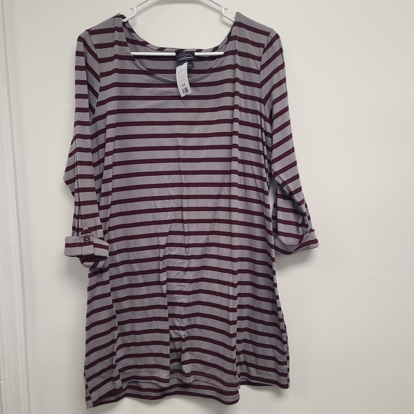 Grey/Burgandy Striped Oh Baby Longsleeve Maternity Shirt, Large