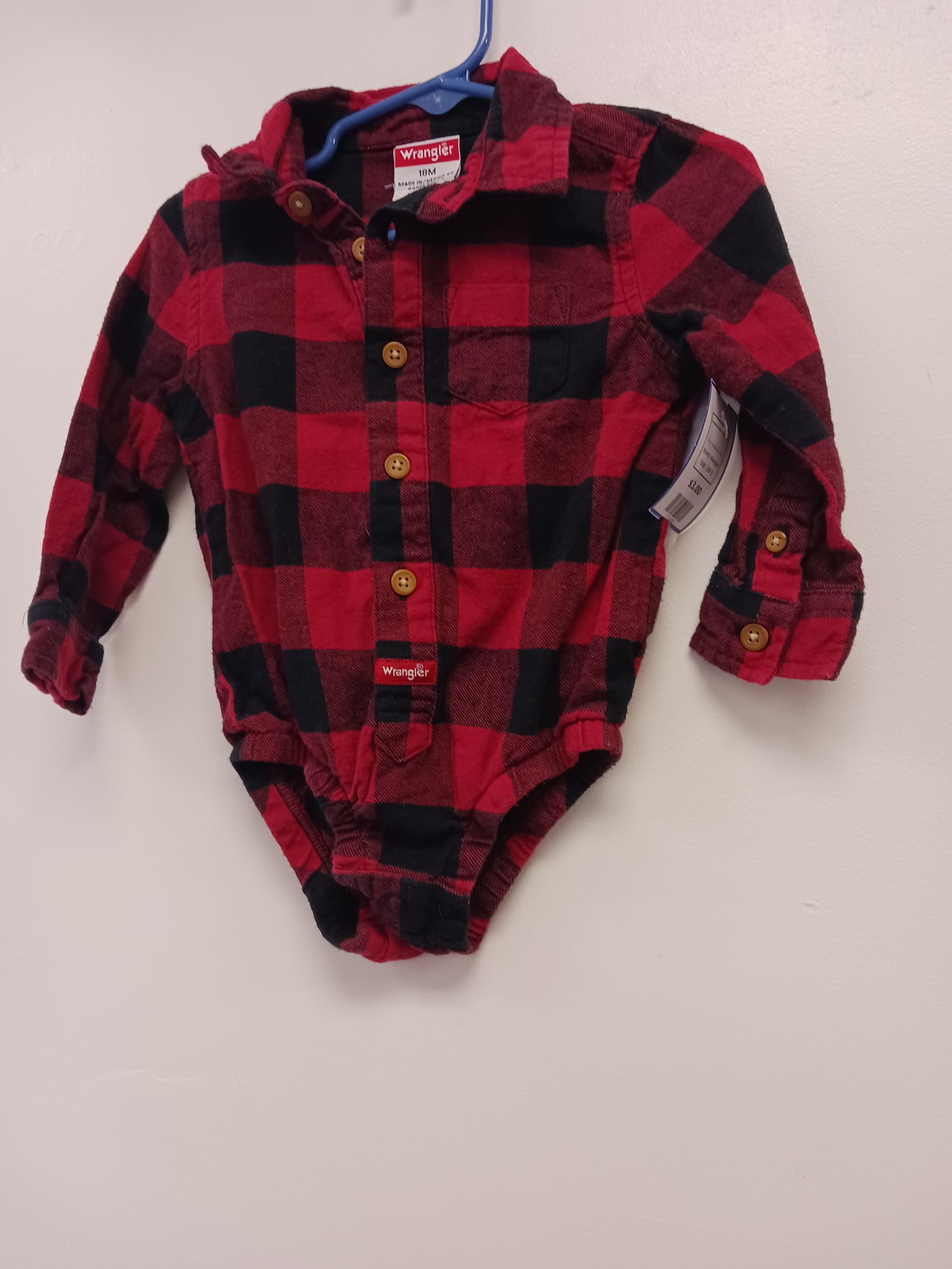 Red/Black Plaid Wrangler Longsleeve Button Up Onesie, 18M B