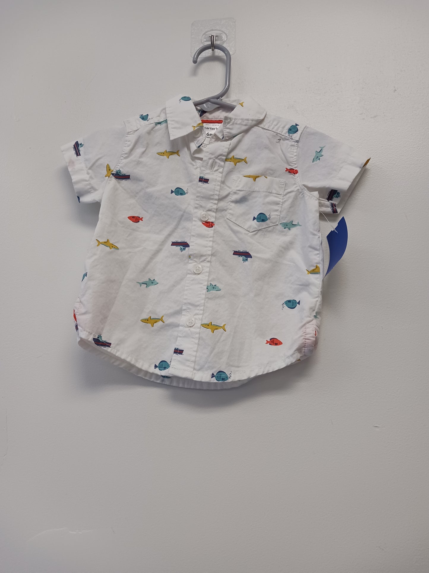 white Carters Fish Button Down Shirt, 6M B