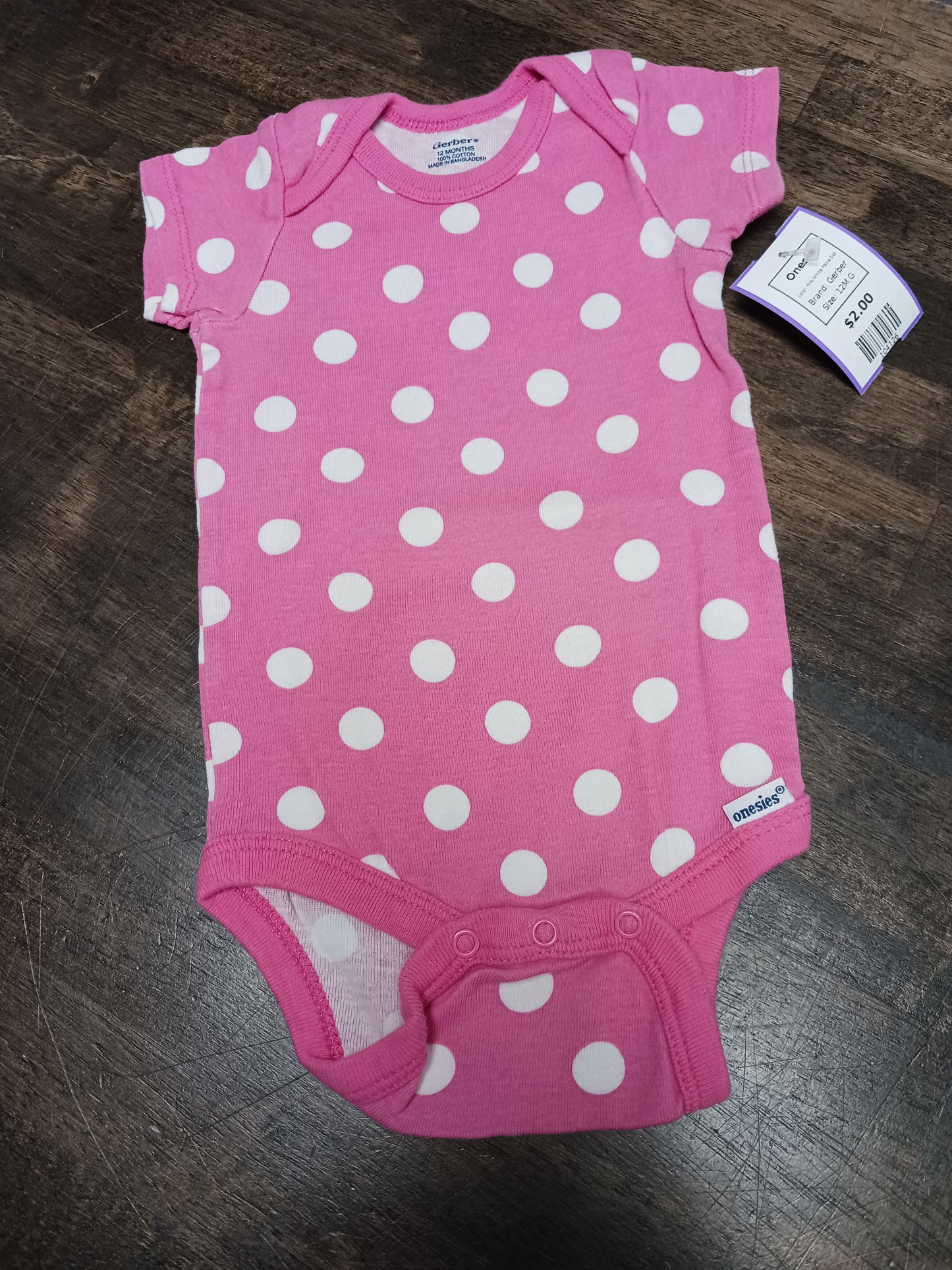 Pink/White Polka Dot Gerber Onesie, 12M G