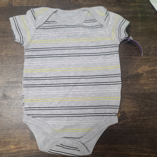 Grey/White/Yellow/Black Striped Contact Baby Onesie, 6M B