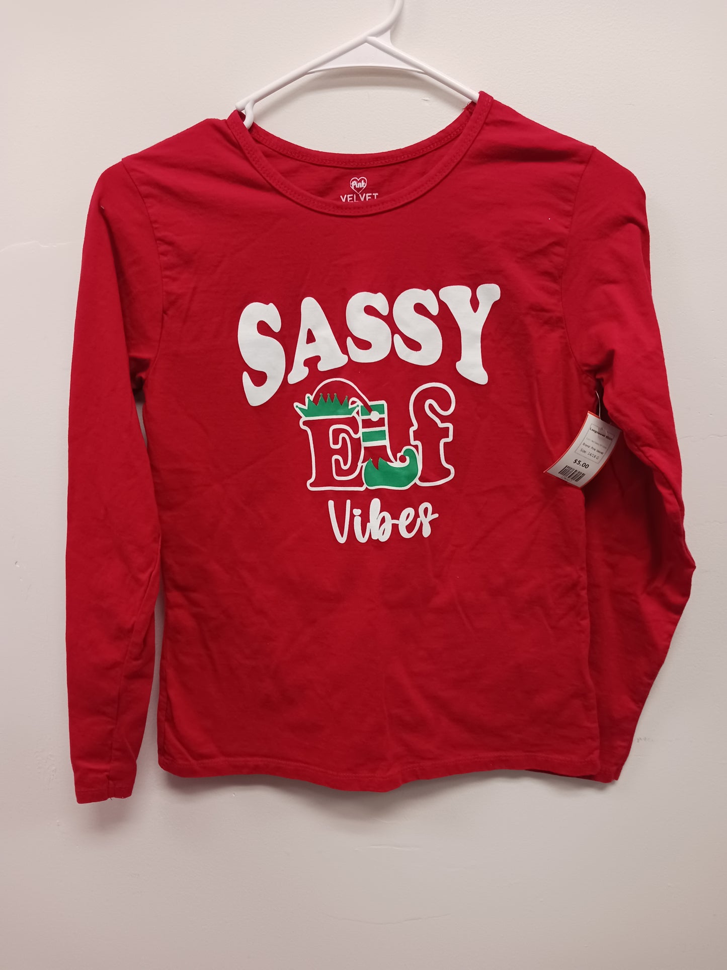 Red Sassy Elf Vibes Pink Velvet Longsleeve Shirt, 14/16 G