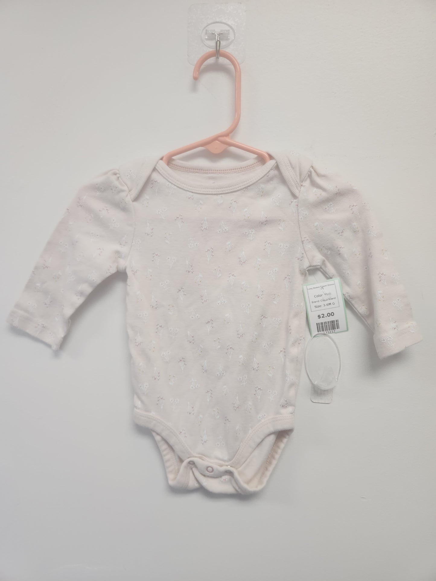 Pink Cloud Island Long Sleeve Flower Onesie, 3-6M G