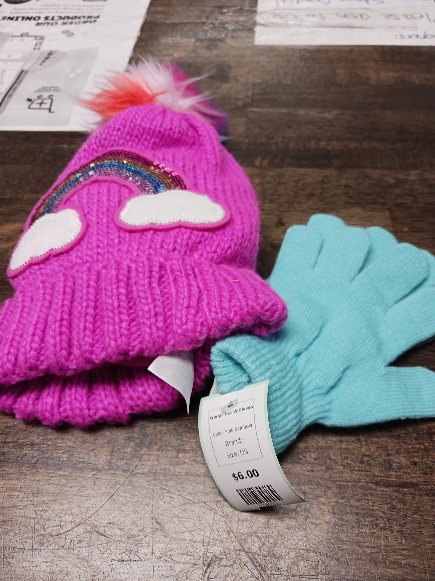 Pink Rainbow  Winter Hat W/Gloves, OS