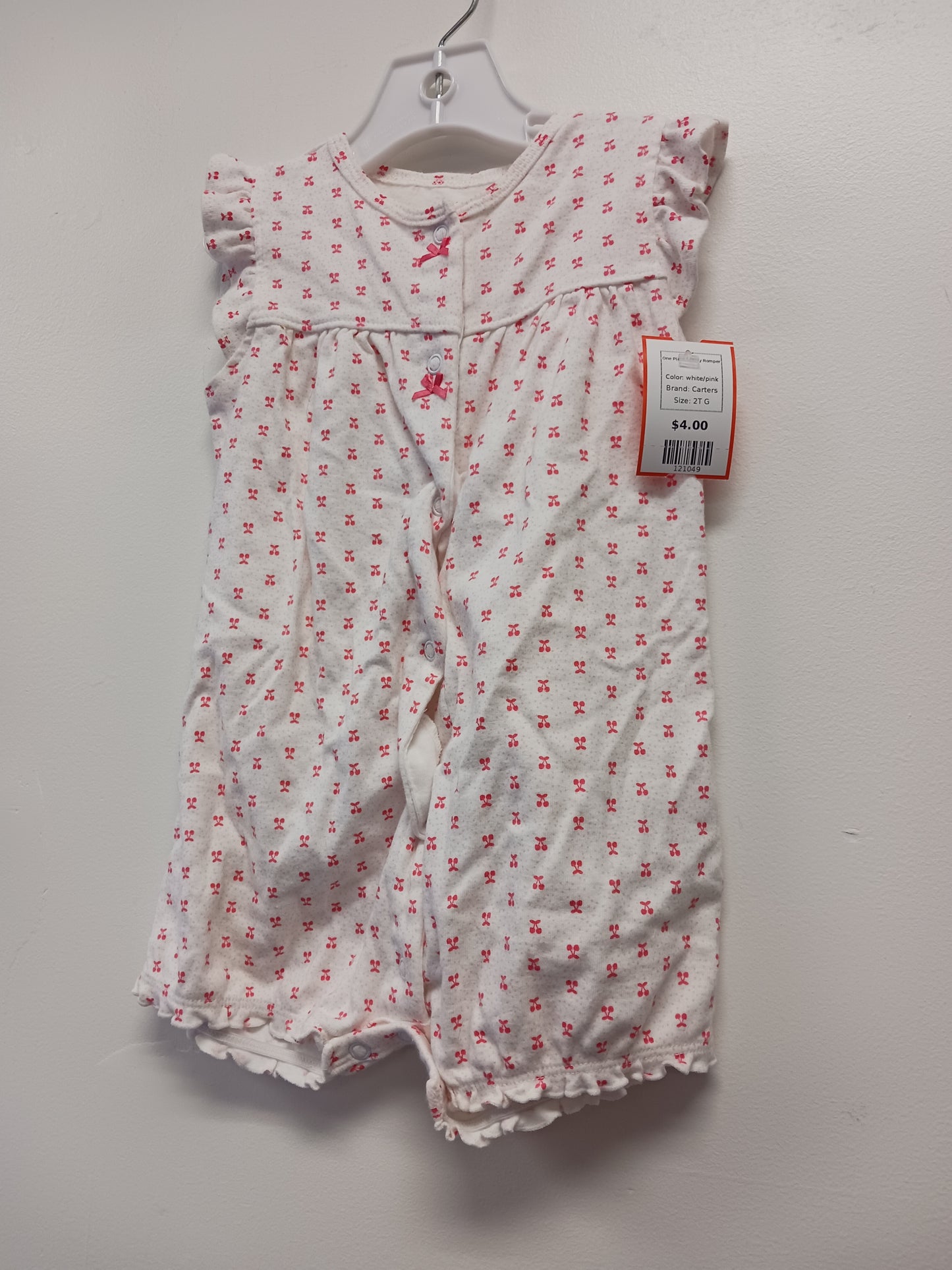white/pink Carters One Piece Cherry Romper, 2T G