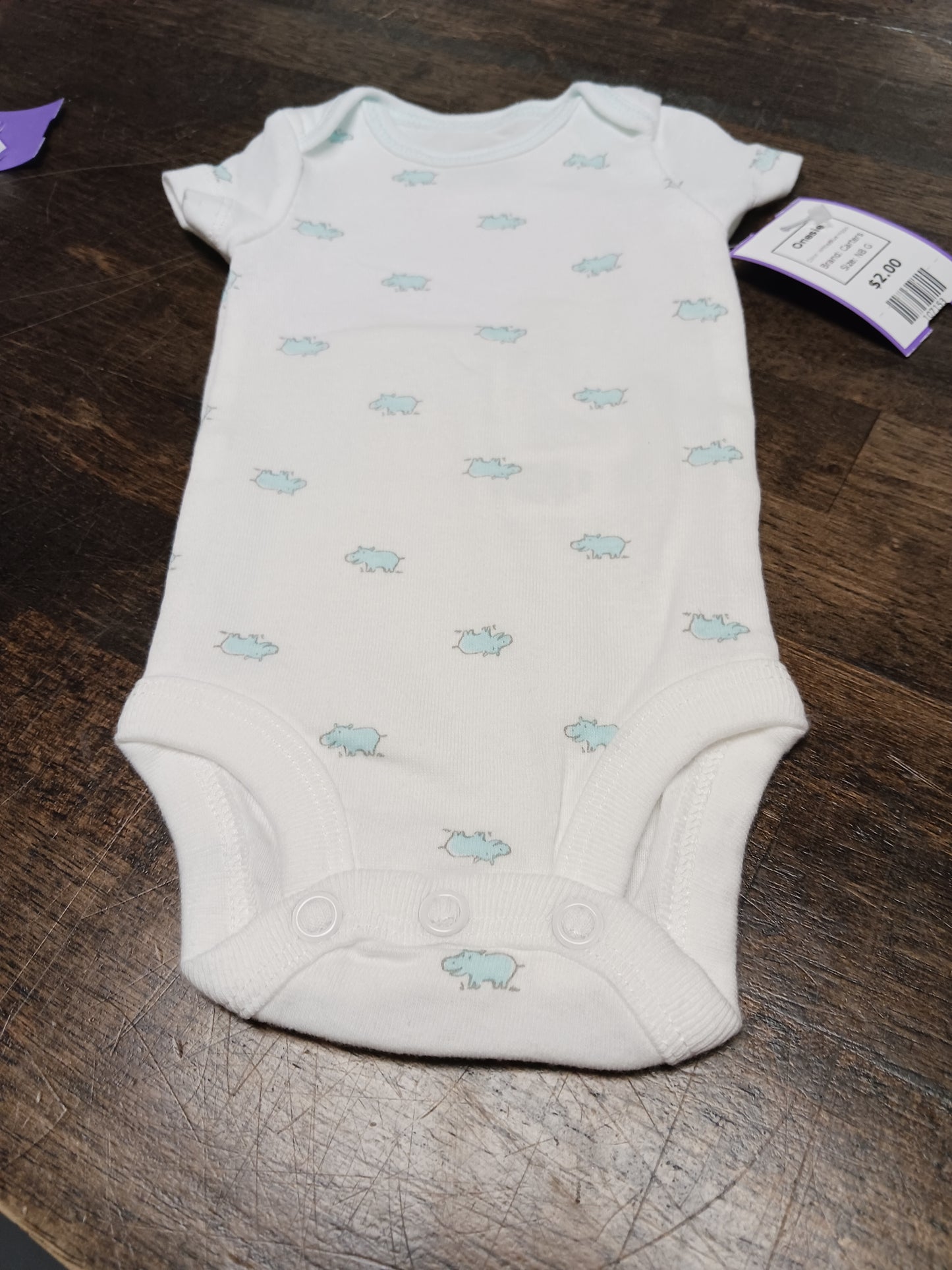 White/Blue Hippo Carters Onesie, NB G
