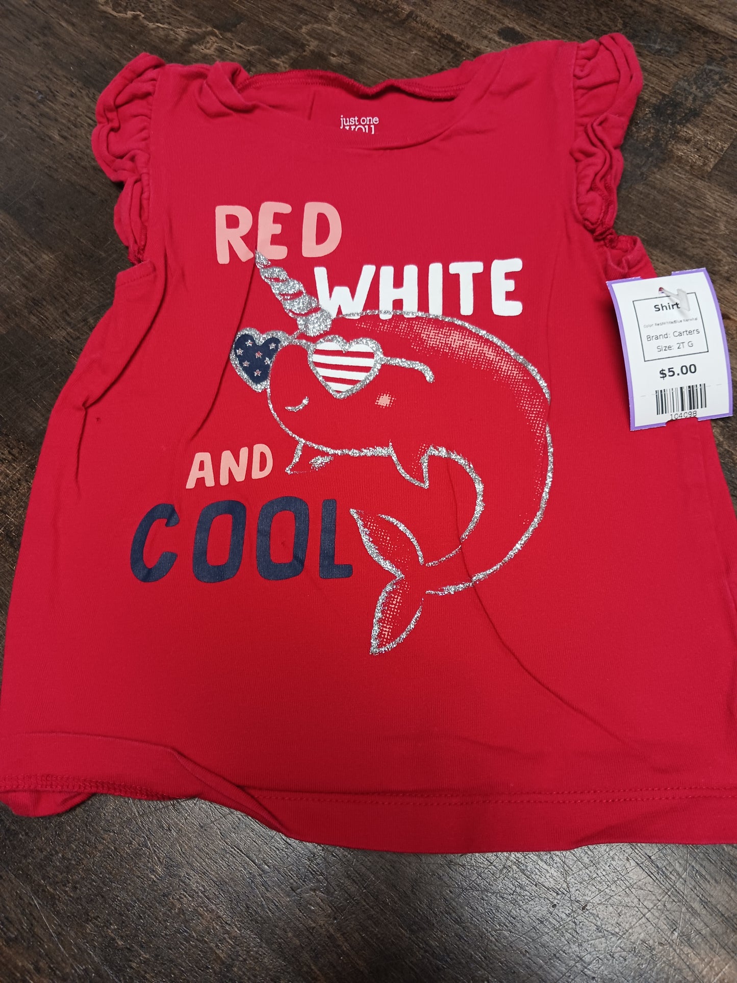 Red/White/Blue Narwhal Carters Shirt, 2T G