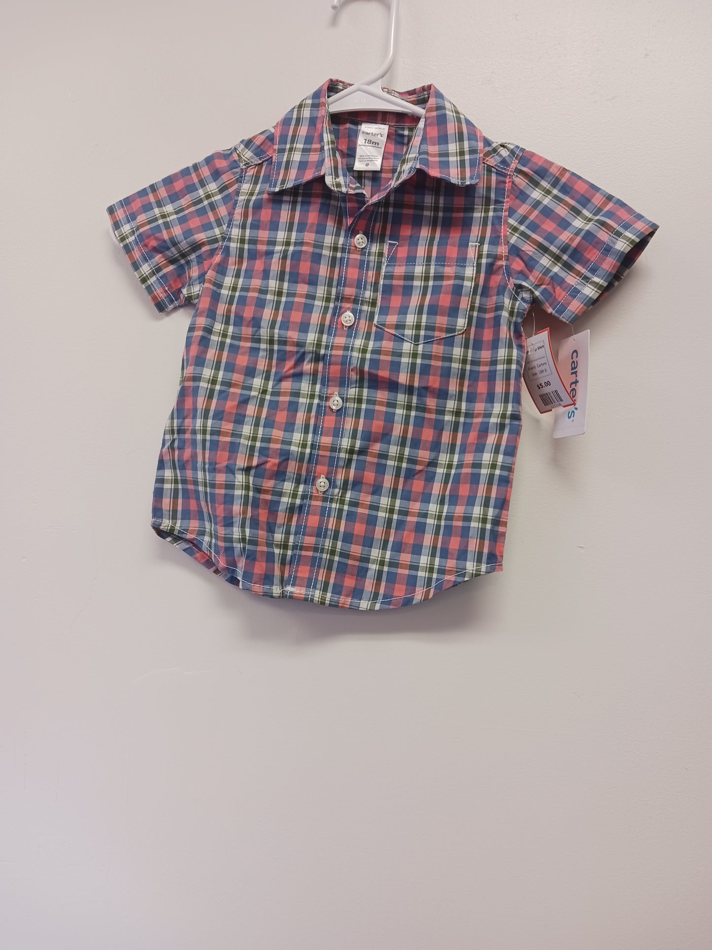 Pink/Blue/White Plaid Carters Button Up Shirt, 18M B