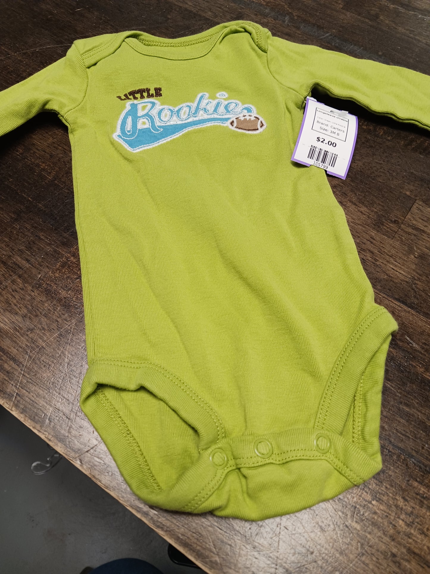 Green Little Rookie Carters Longsleeve Onesie, 3M B
