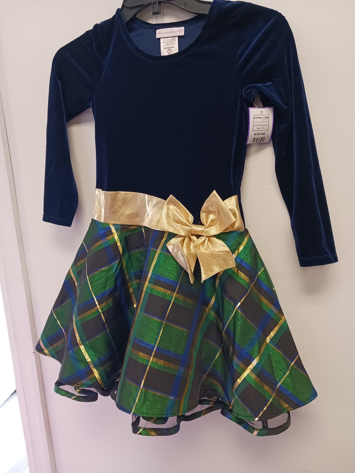 Navy/Green/Gold Bonnie Jean Holiday Dress, 7 G