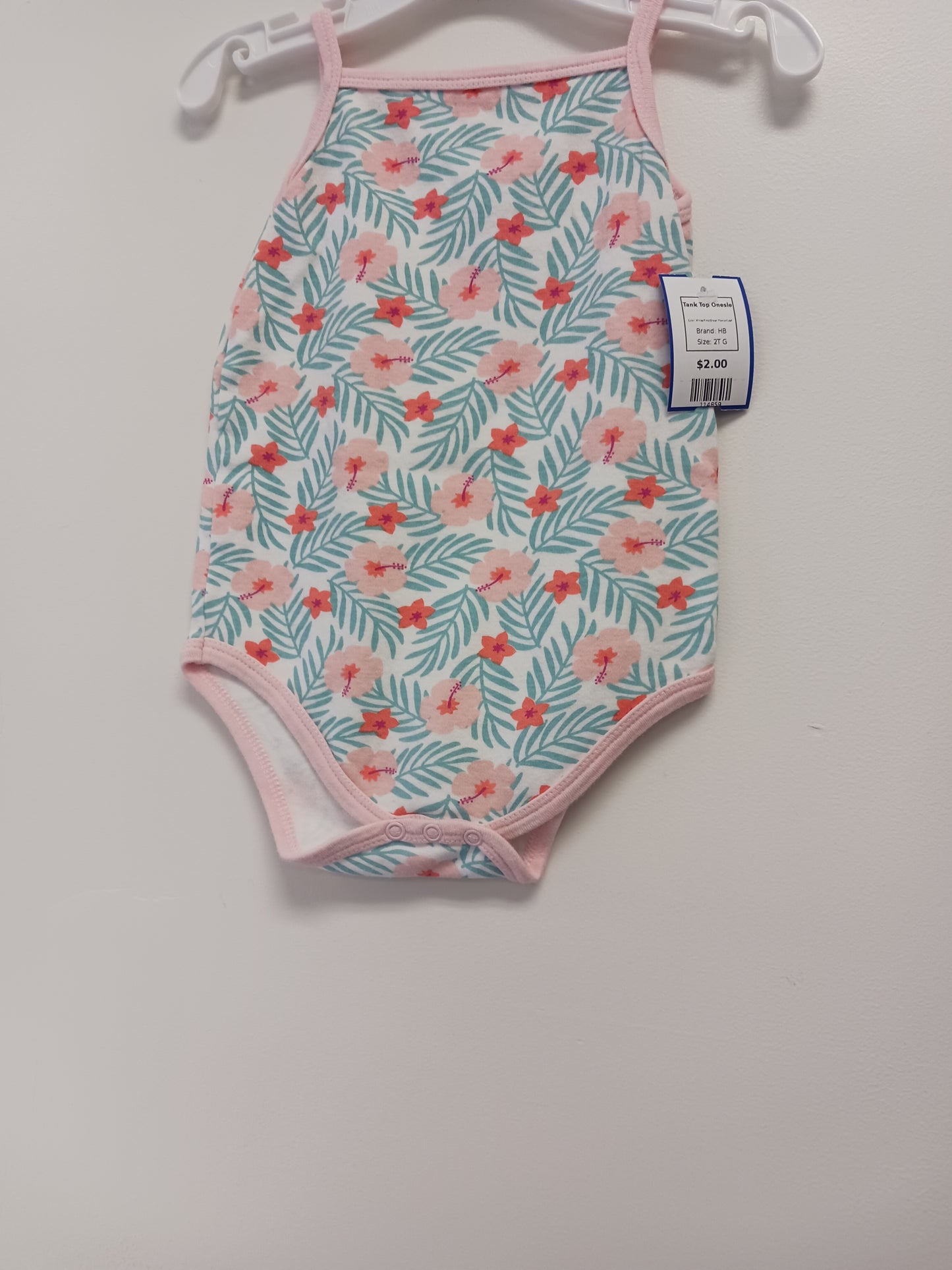 White/Pink/Green Flower/Leaf HB Tank Top Onesie, 2T G
