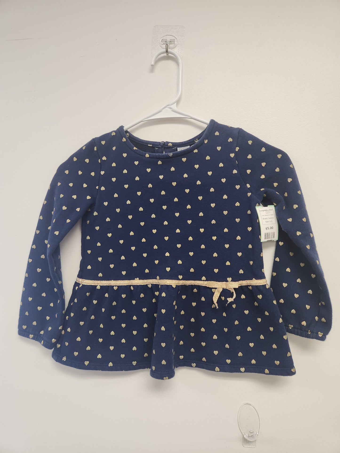 Navy/Gold Hearts Carters Longsleeve Shirt, 6 G