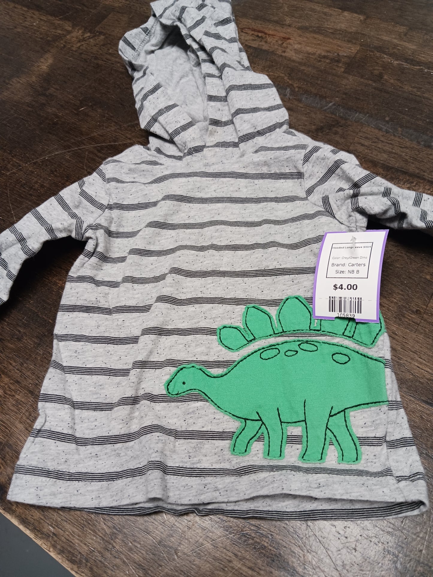 Grey/Green Dino Carters Hooded Longsleeve Shirt, NB B