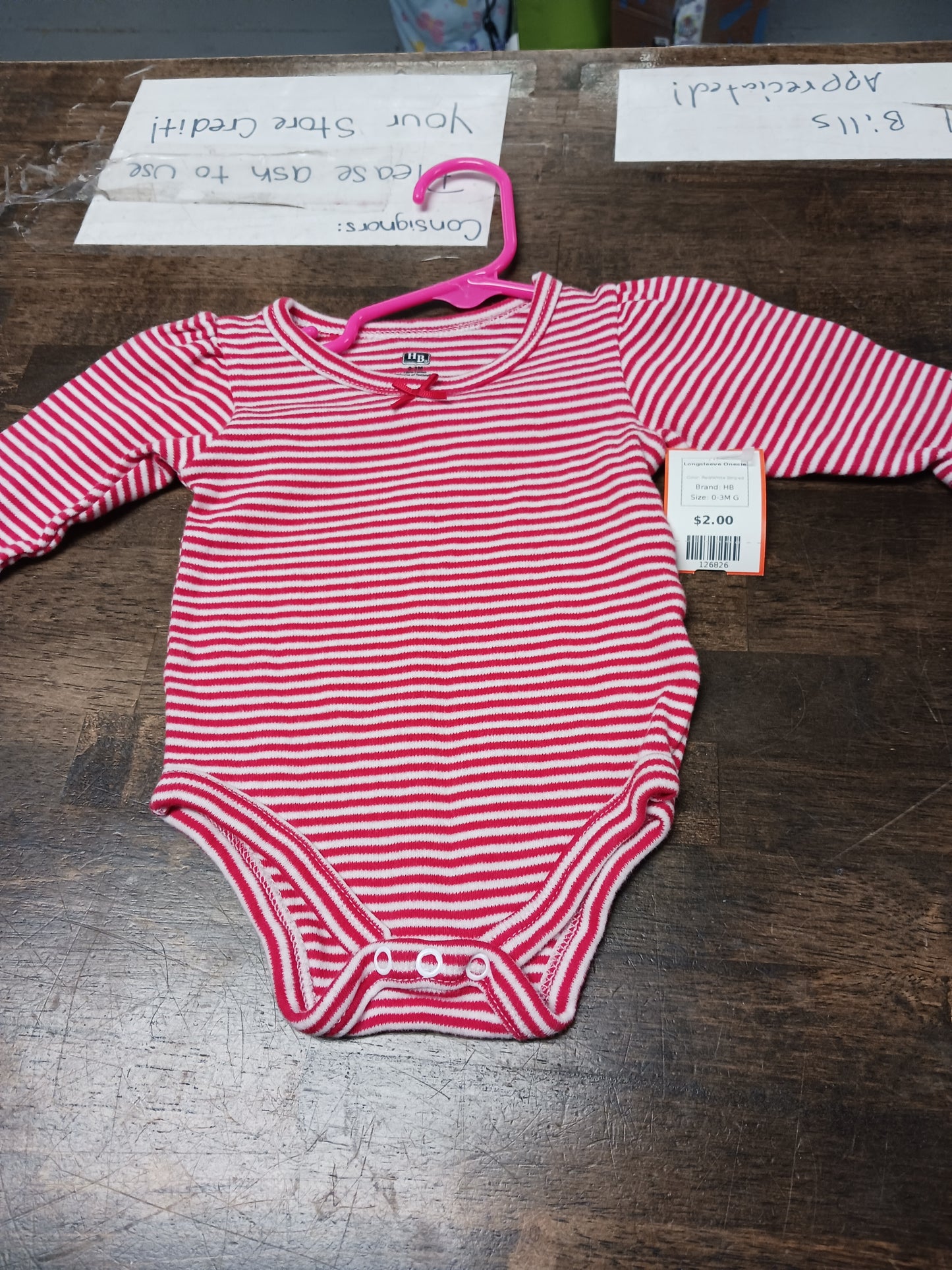 Red/White Striped HB Longsleeve Onesie, 0-3M G
