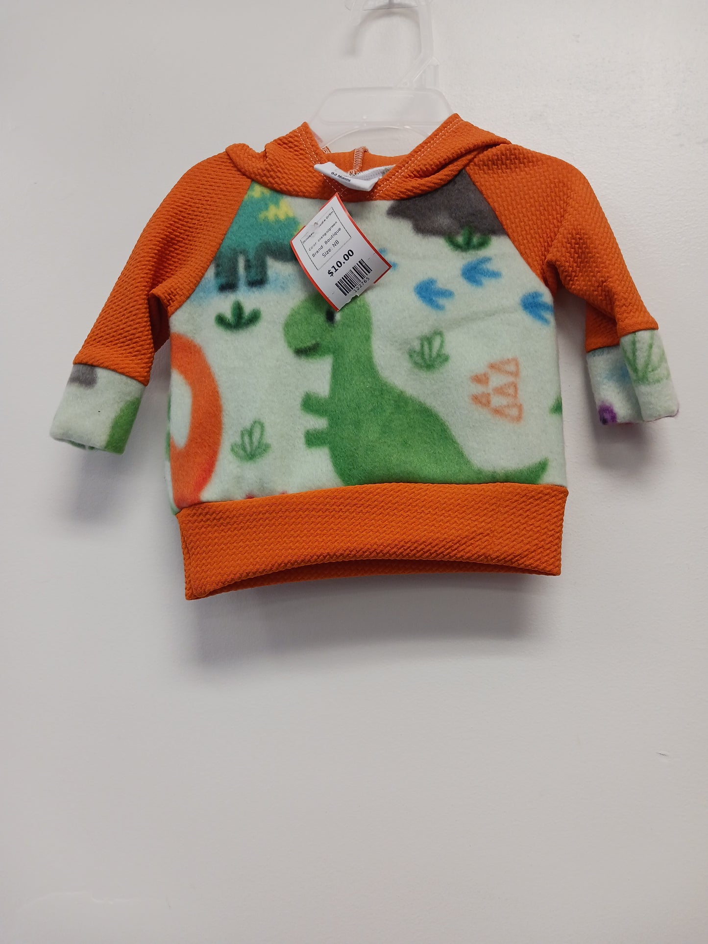 orange/green Boutique Dinosaur Hoodie 0/3m, NB