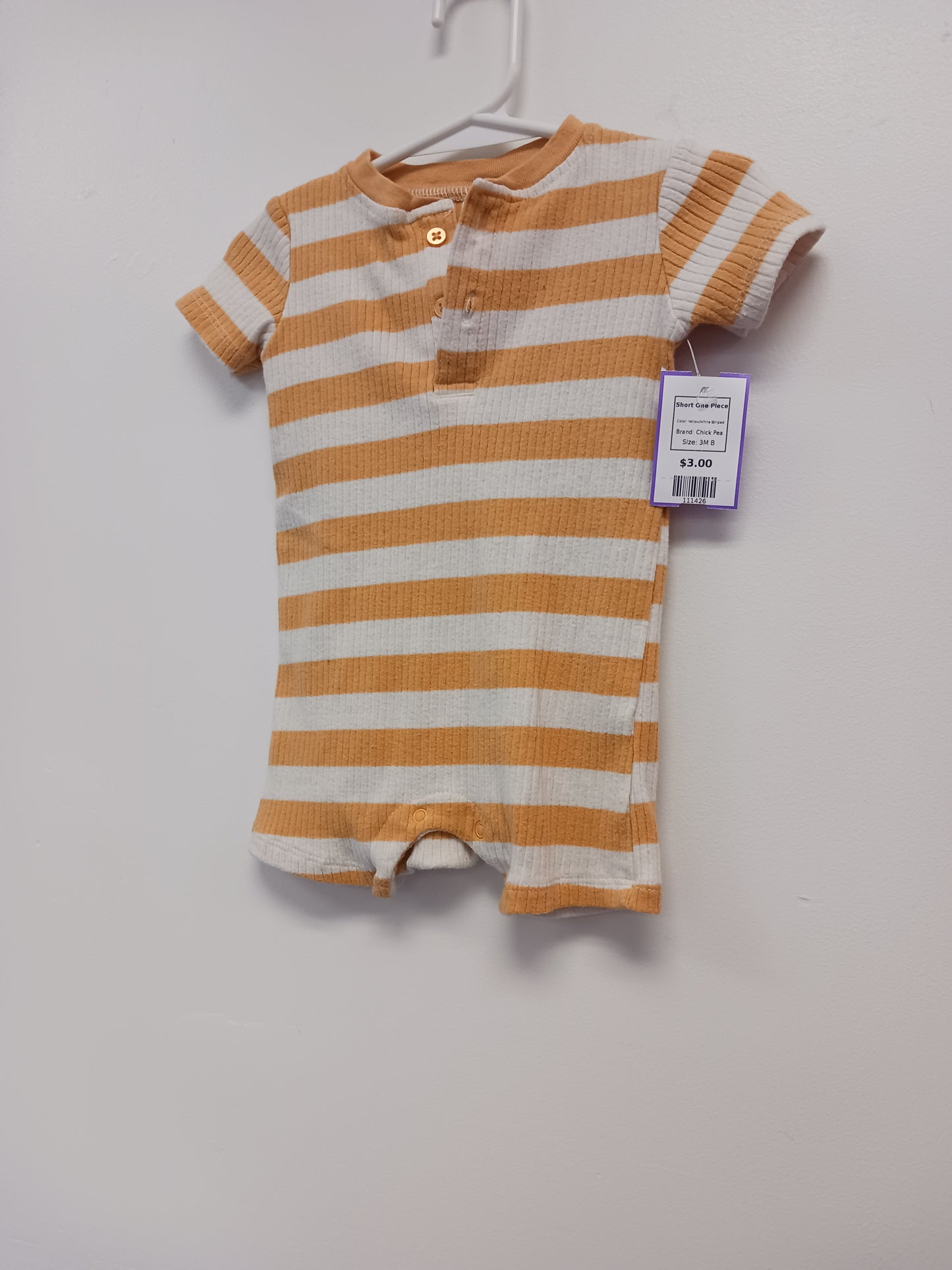 Yellow/White Striped Chick Pea Short One Piece, 3M B