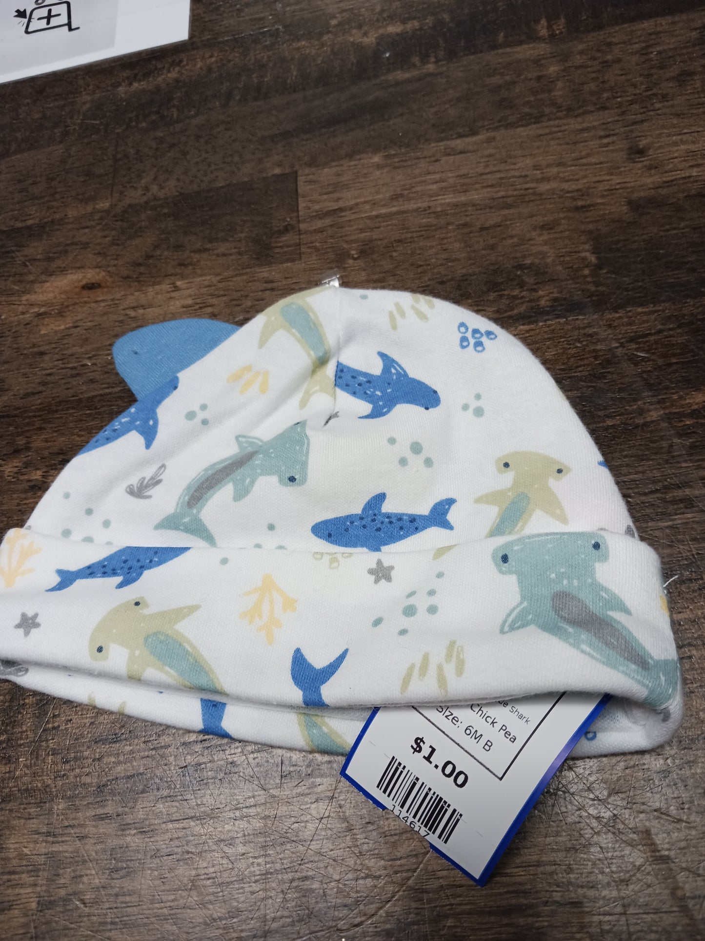 White/Blue Shark Chick Pea Hat, 6M B