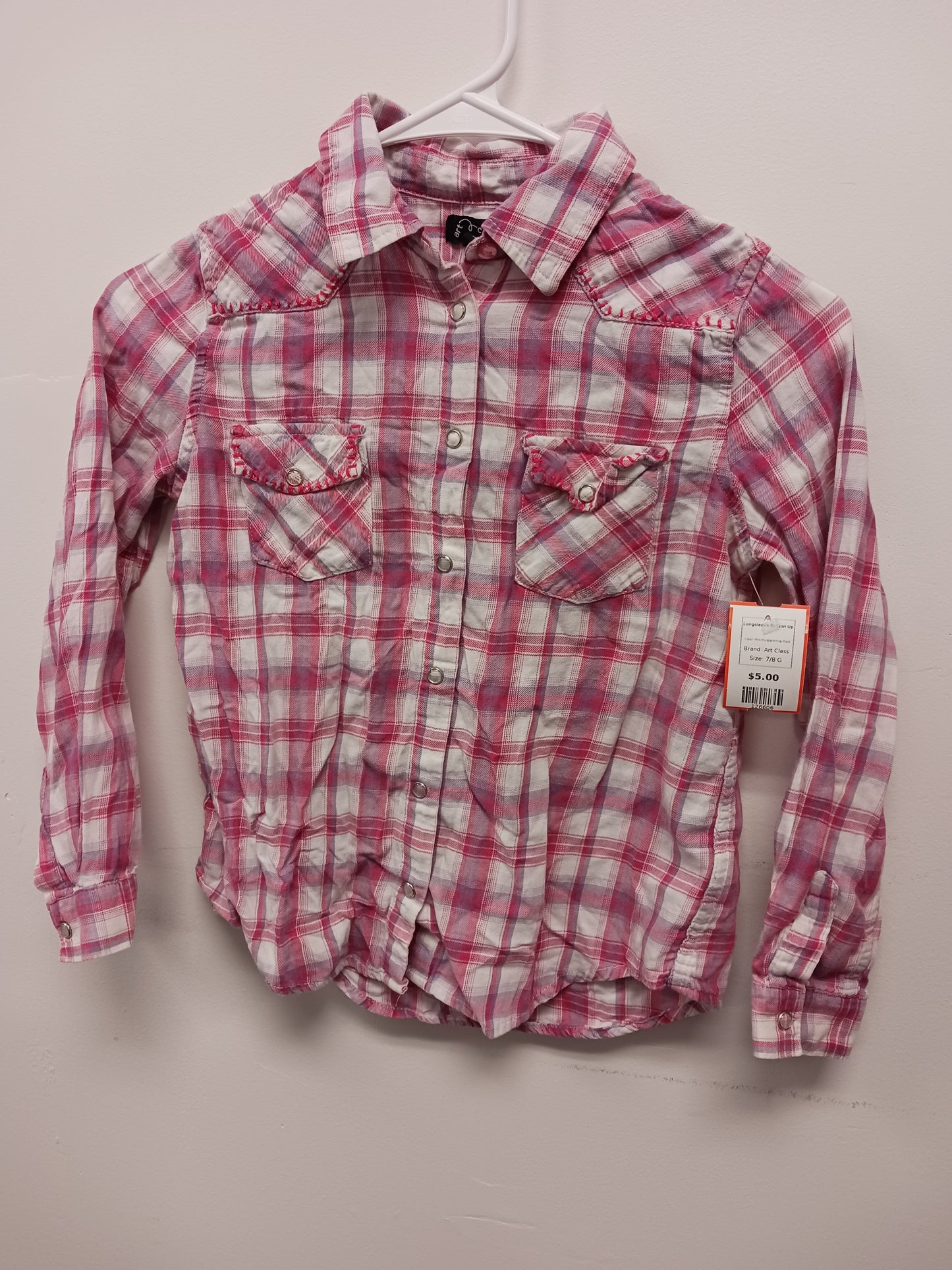 Pink/Purple/White Plaid Art Class Longsleeve Button Up, 7/8 G