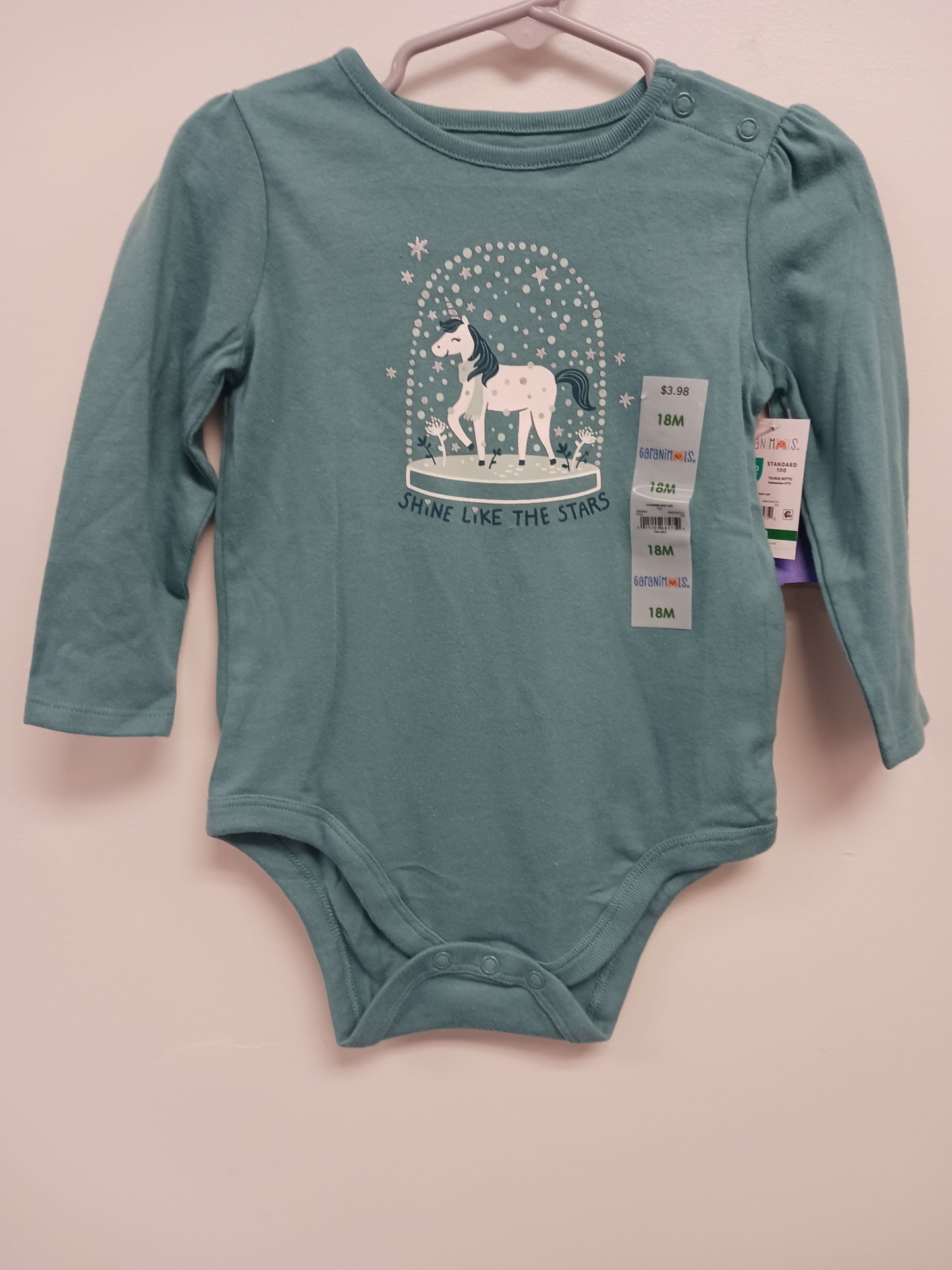 Blue Unicorn Snowglobe Garanimals Longsleeve Onesie, 18M G