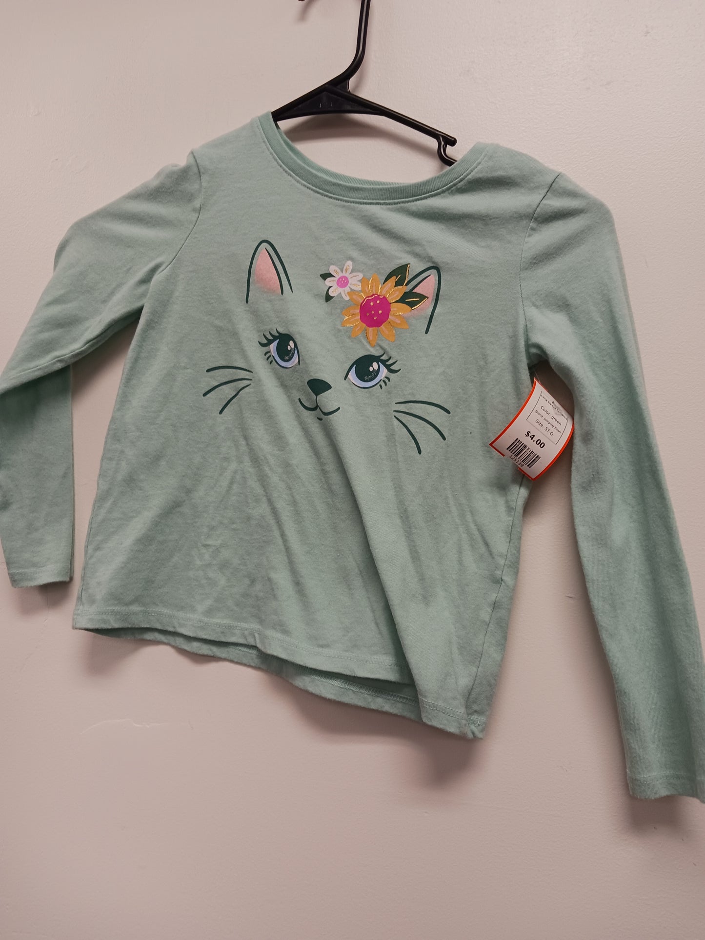 green Jumping Bean Long Sleeve Cat Shirt, 5T G