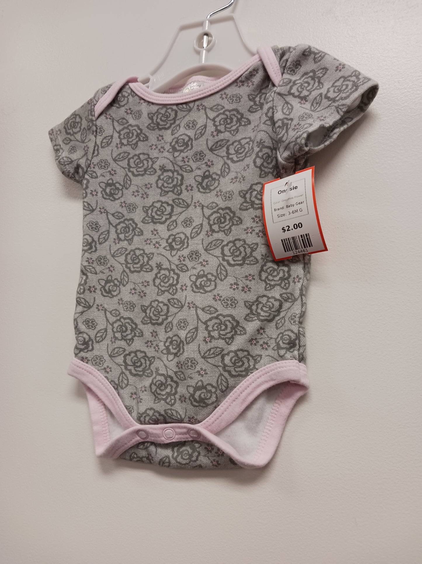 Grey/Pink Flower Baby Gear Onesie, 3-6M G