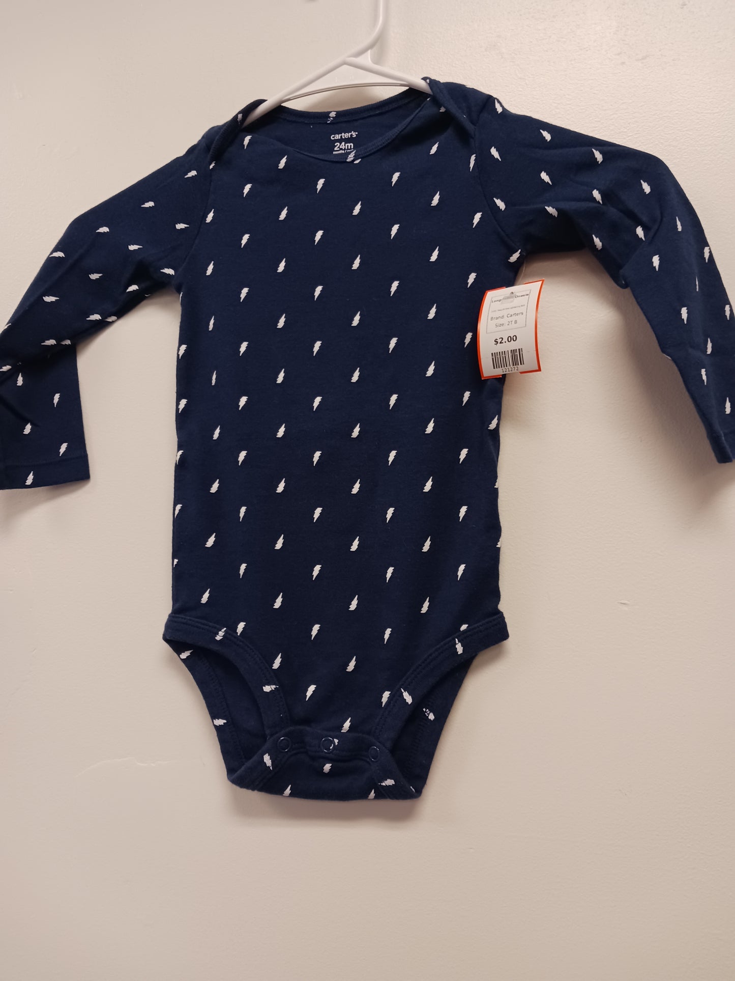 Navy/White Lightening Bolt Carters Longsleeve Onesie, 2T B
