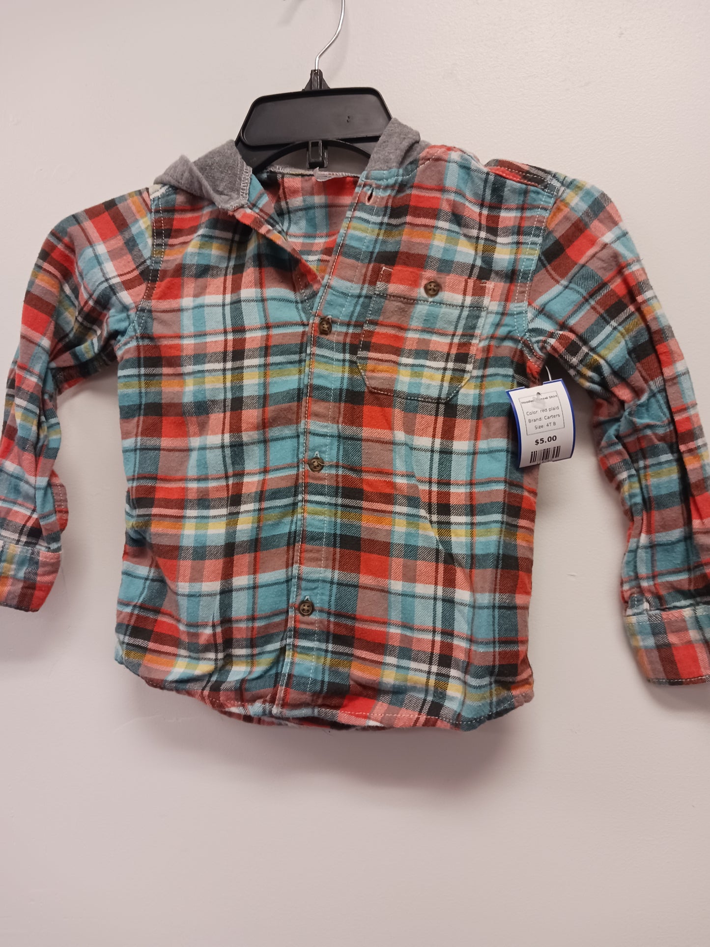 red plaid Carters Hooded Flannel Shirt, 4T B
