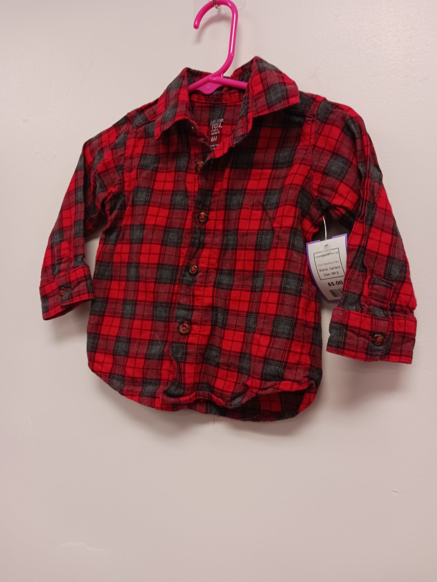 Red/Grey Plaid Carters Longsleeve Button Up, 6M B