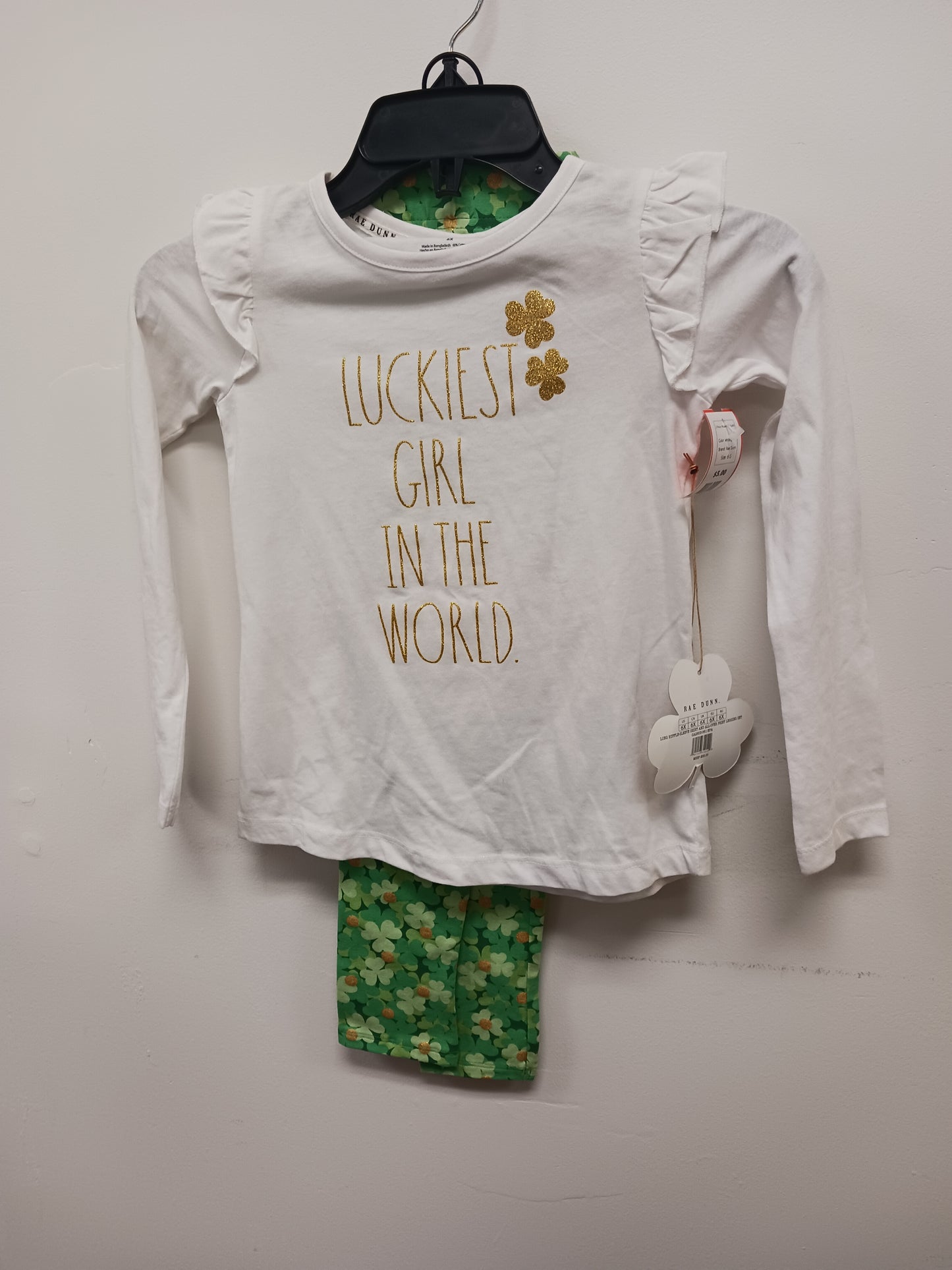 white/green Rae Dunn 2 Piece Shamrock Outfit, 6 G