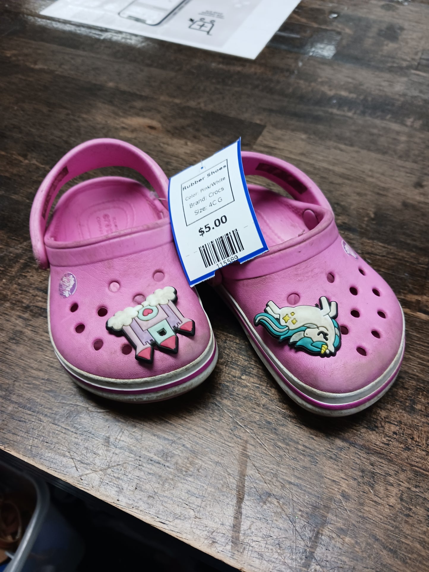 Pink/White Crocs Rubber Shoes, 4C G