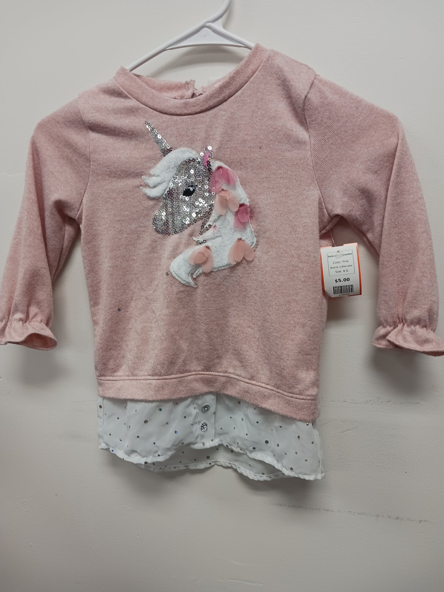 Pink Little Lass Unicorn Sweater, 6 G