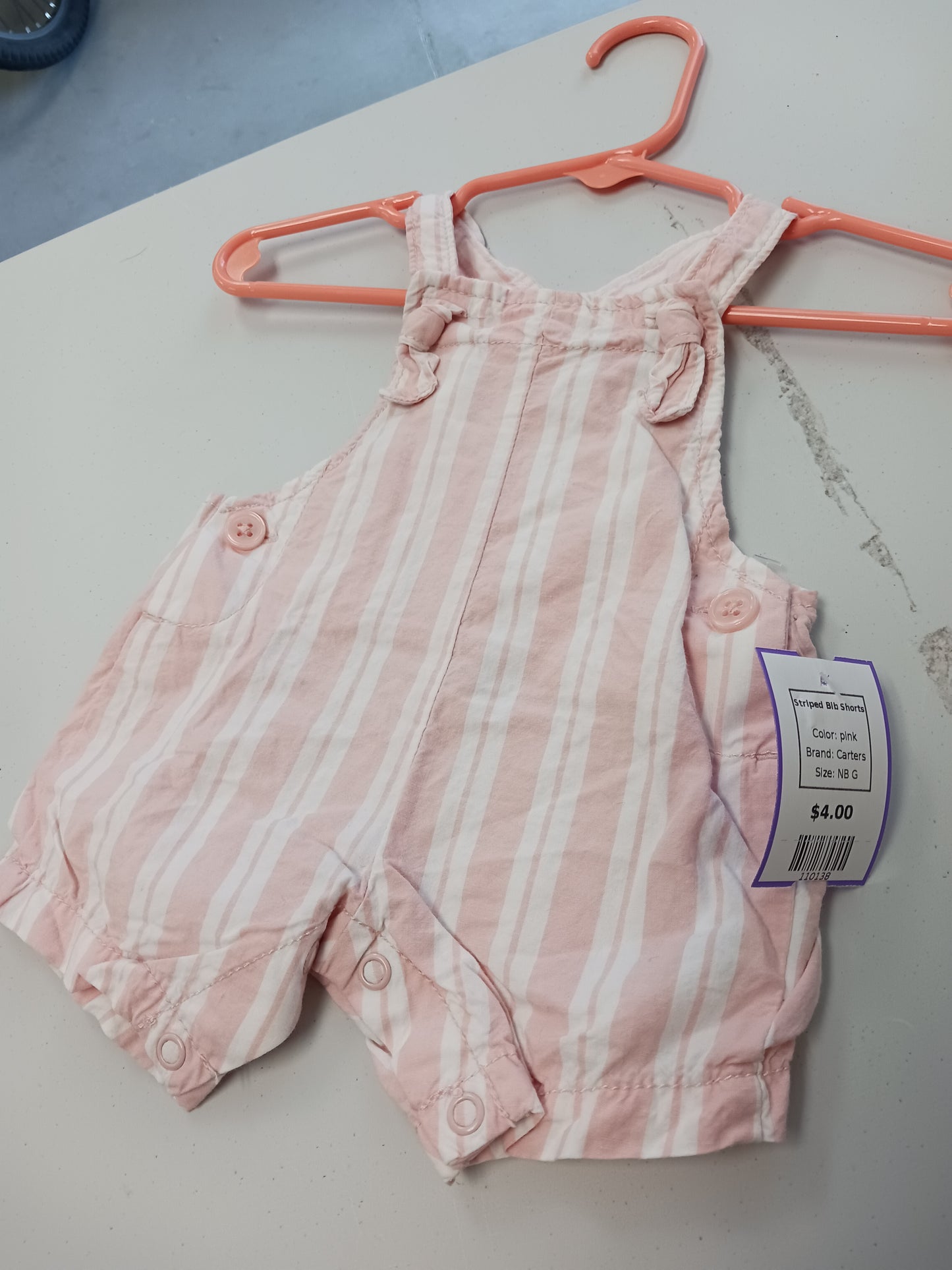 pink Carters Striped Bib Shorts, NB G