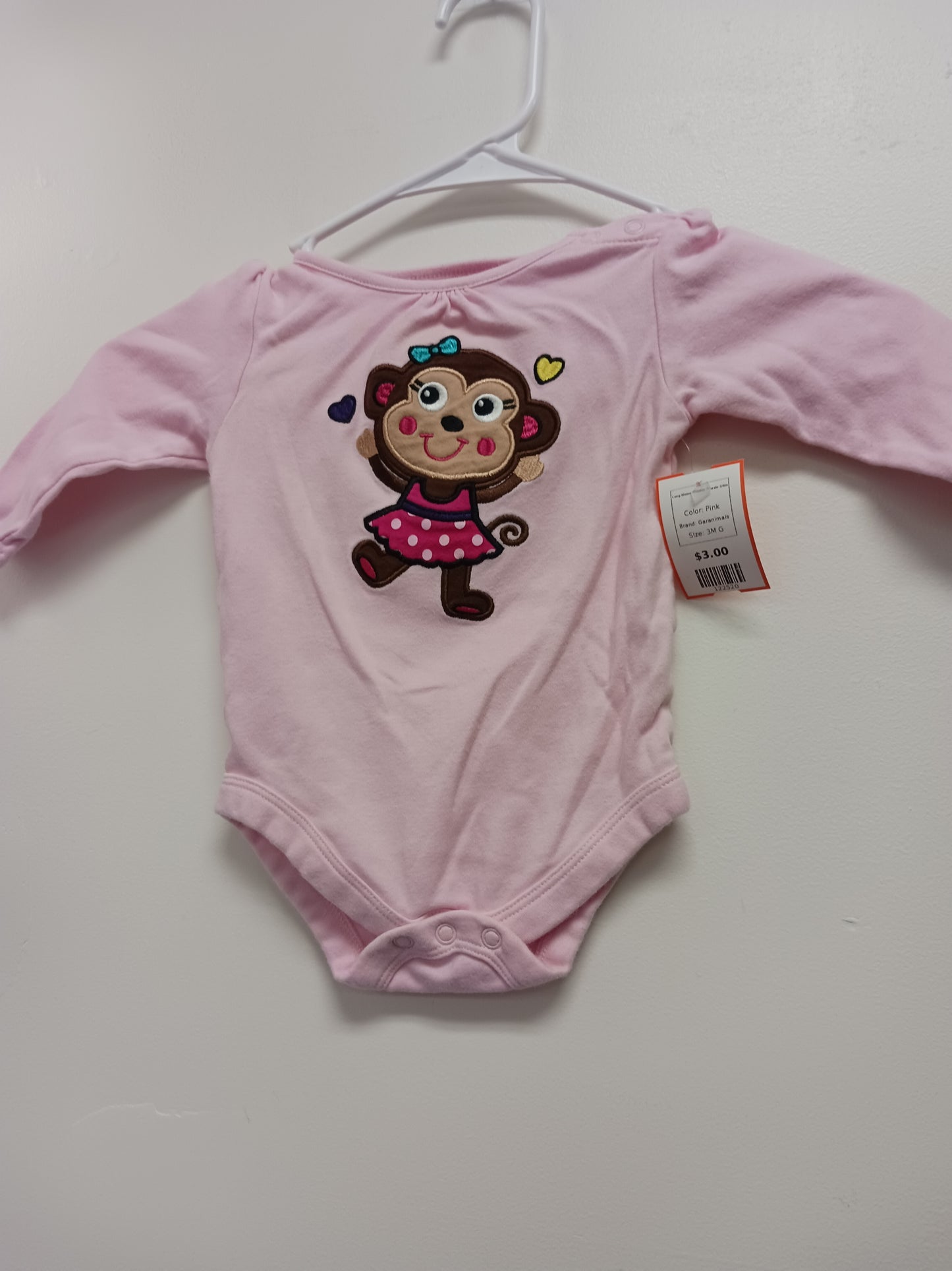 Pink Garanimals Long Sleeve Monkey Onesie 3/6m, 3M G