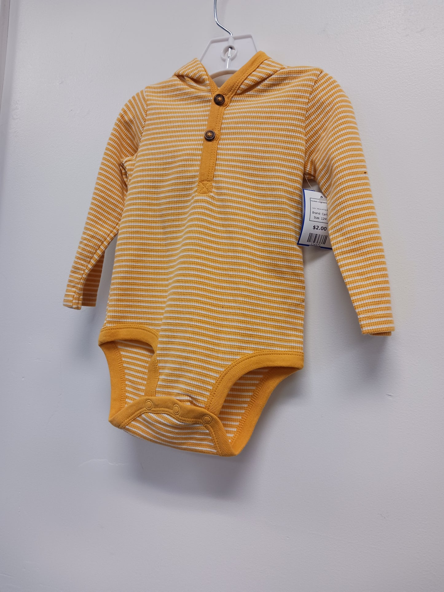 Yellow/White Striped Carters Hooded Longsleeve Onesie, 12M B