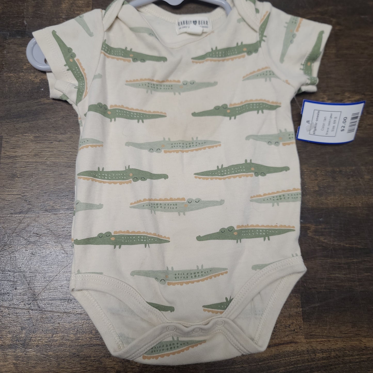 tan rabbit gear aligator onesie, 6M B