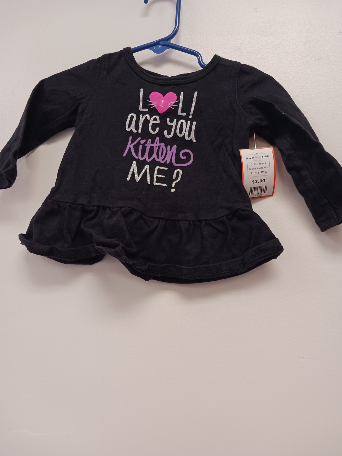 Black Koala Kids Longsleeve Shirt, 6-9M G
