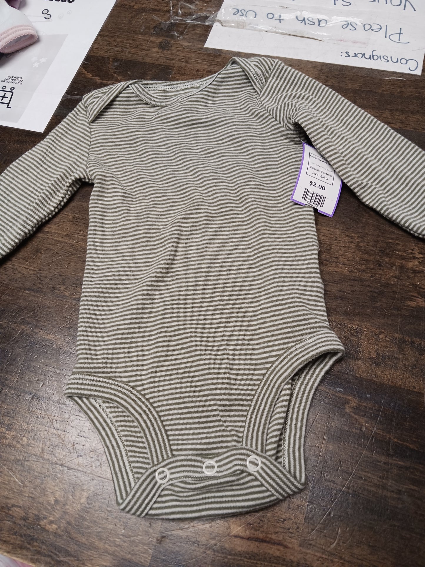 Green/White Striped Carters Longsleeve Onesie, 6M G