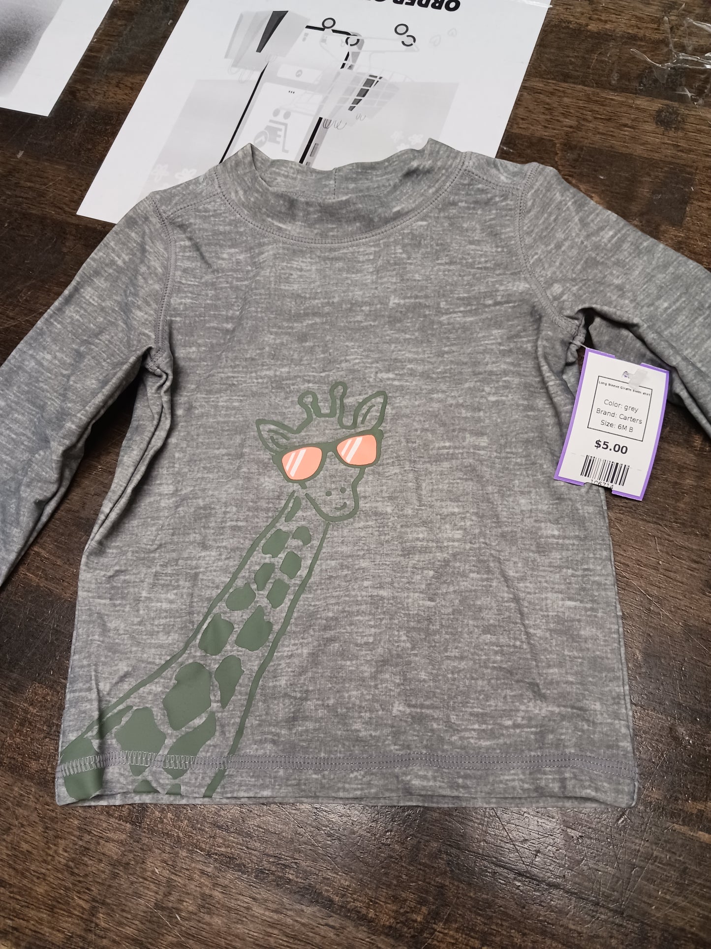 grey Carters Long Sleeve Giraffe Swim shirt, 6M B