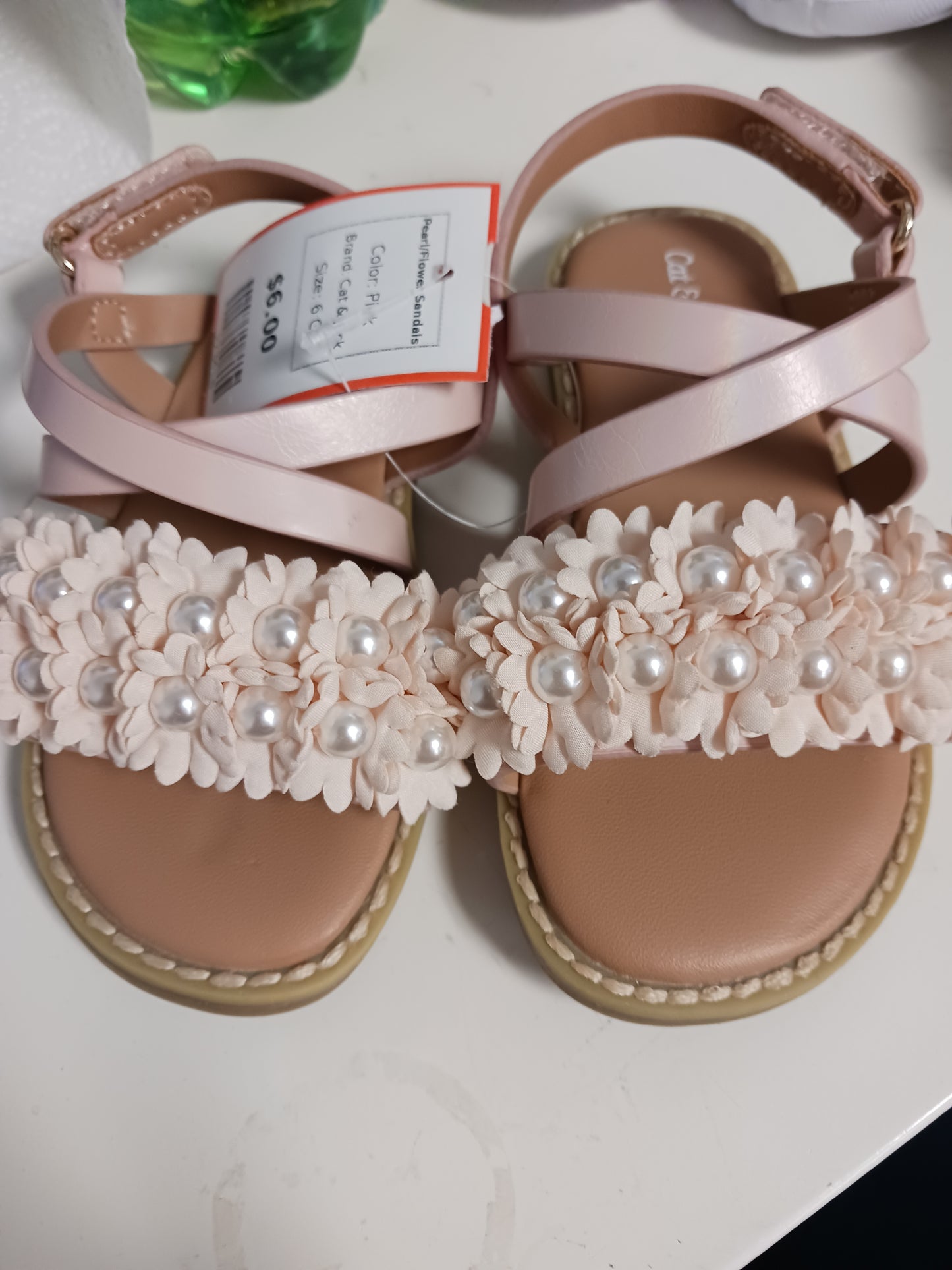 Pink Cat & Jack Pearl/Flower Sandals, 6 G
