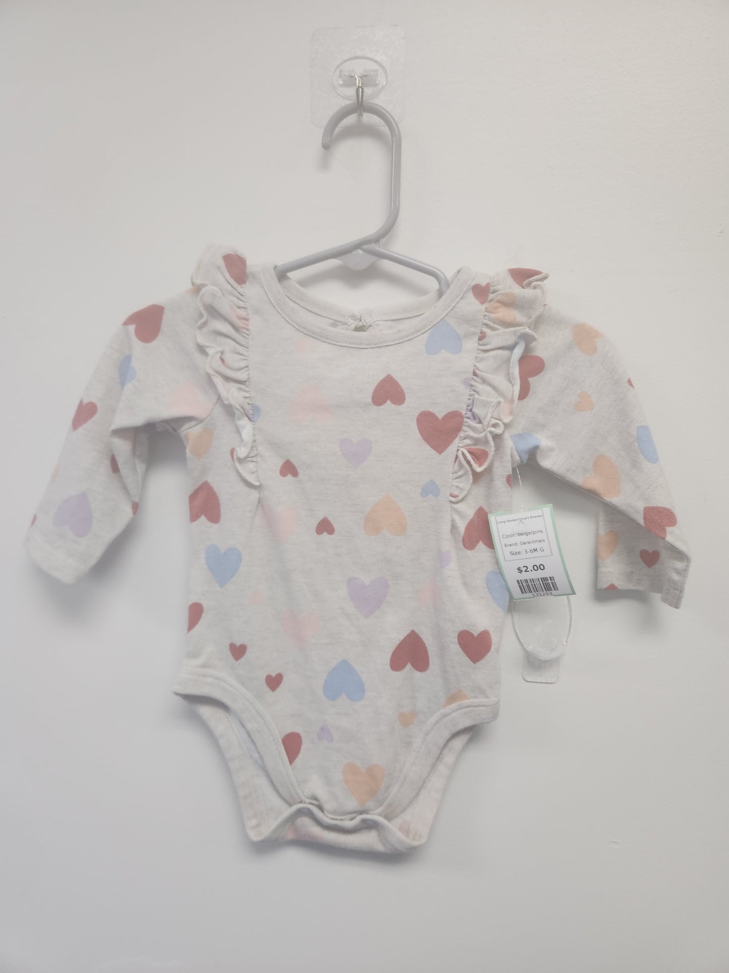 beige/pink Garanimals Long Sleeve Heart Onesie, 3-6M G