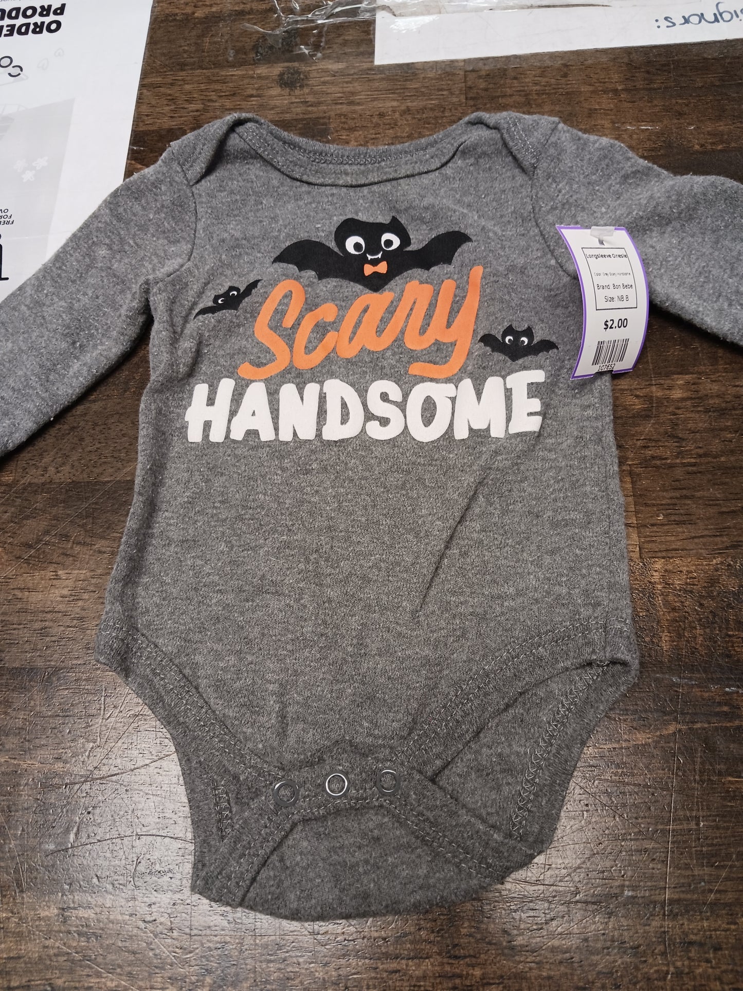Grey Scary Handsome Bon Bebe Longsleeve Onesie, NB B