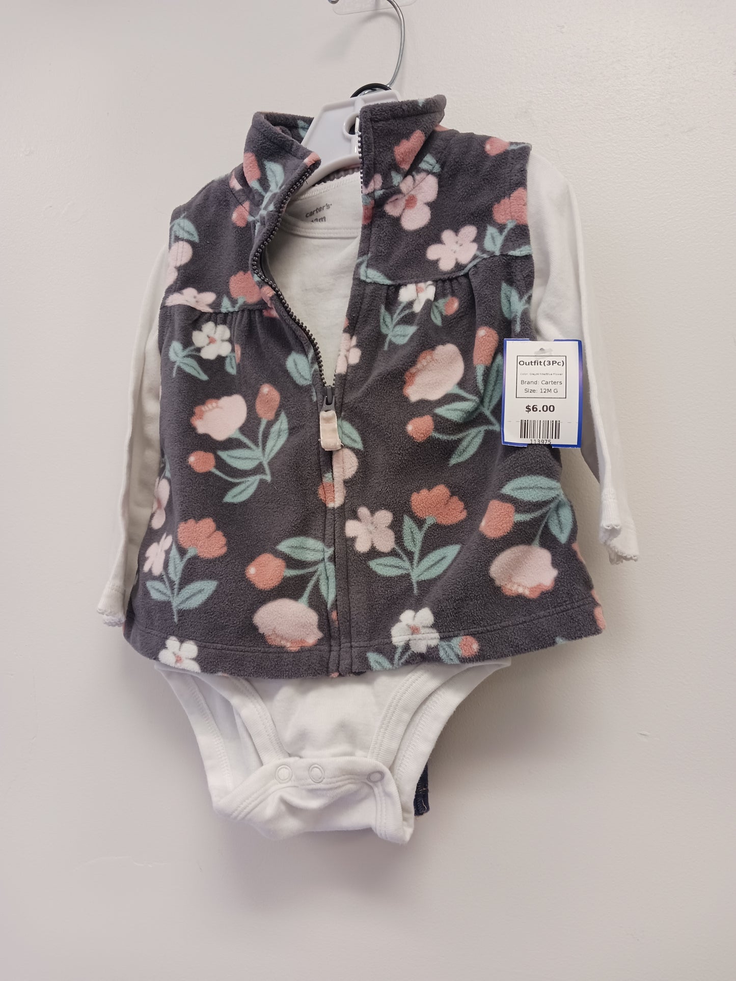 Grey/White/Blue Flower Carters Outfit(3Pc), 12M G